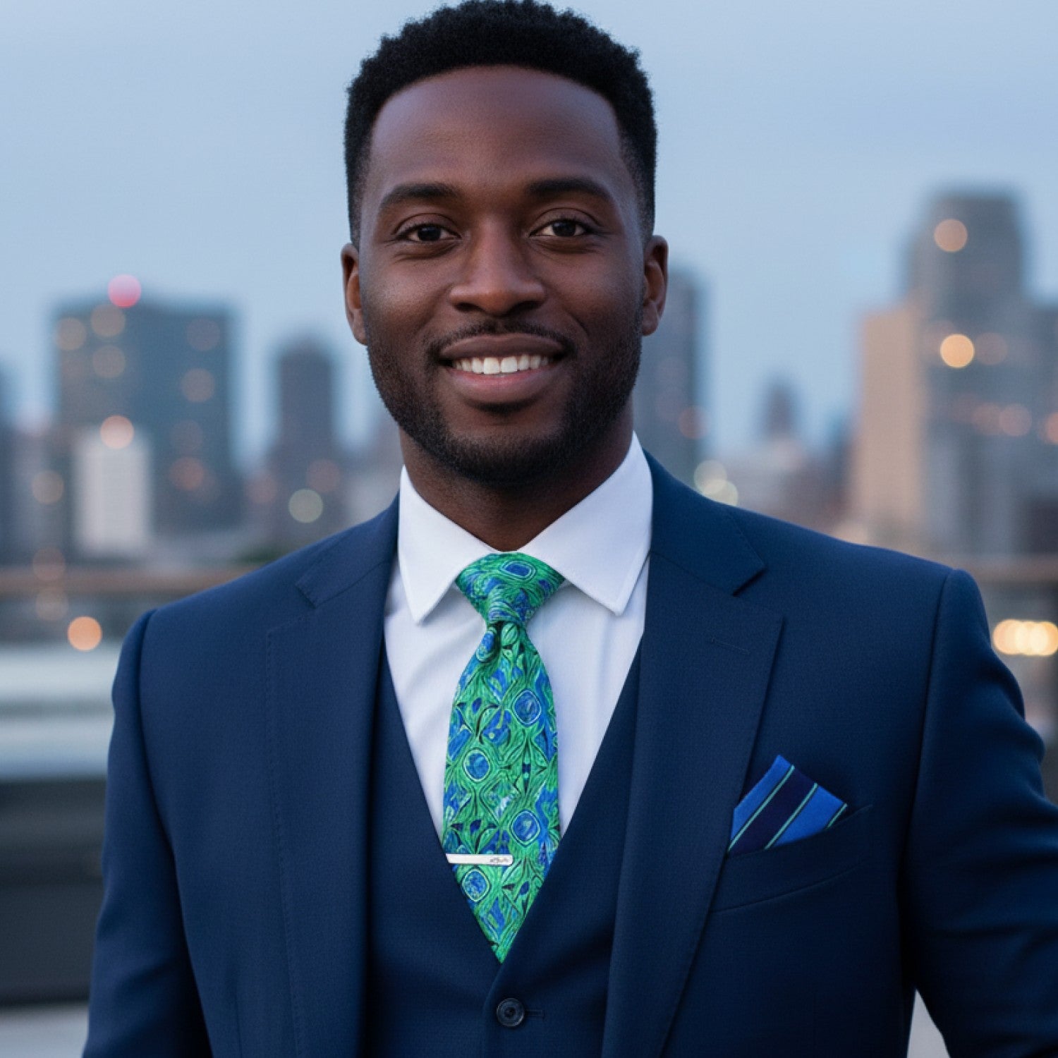 Man in a blue suit with a green tie standing in front of a city skyline.