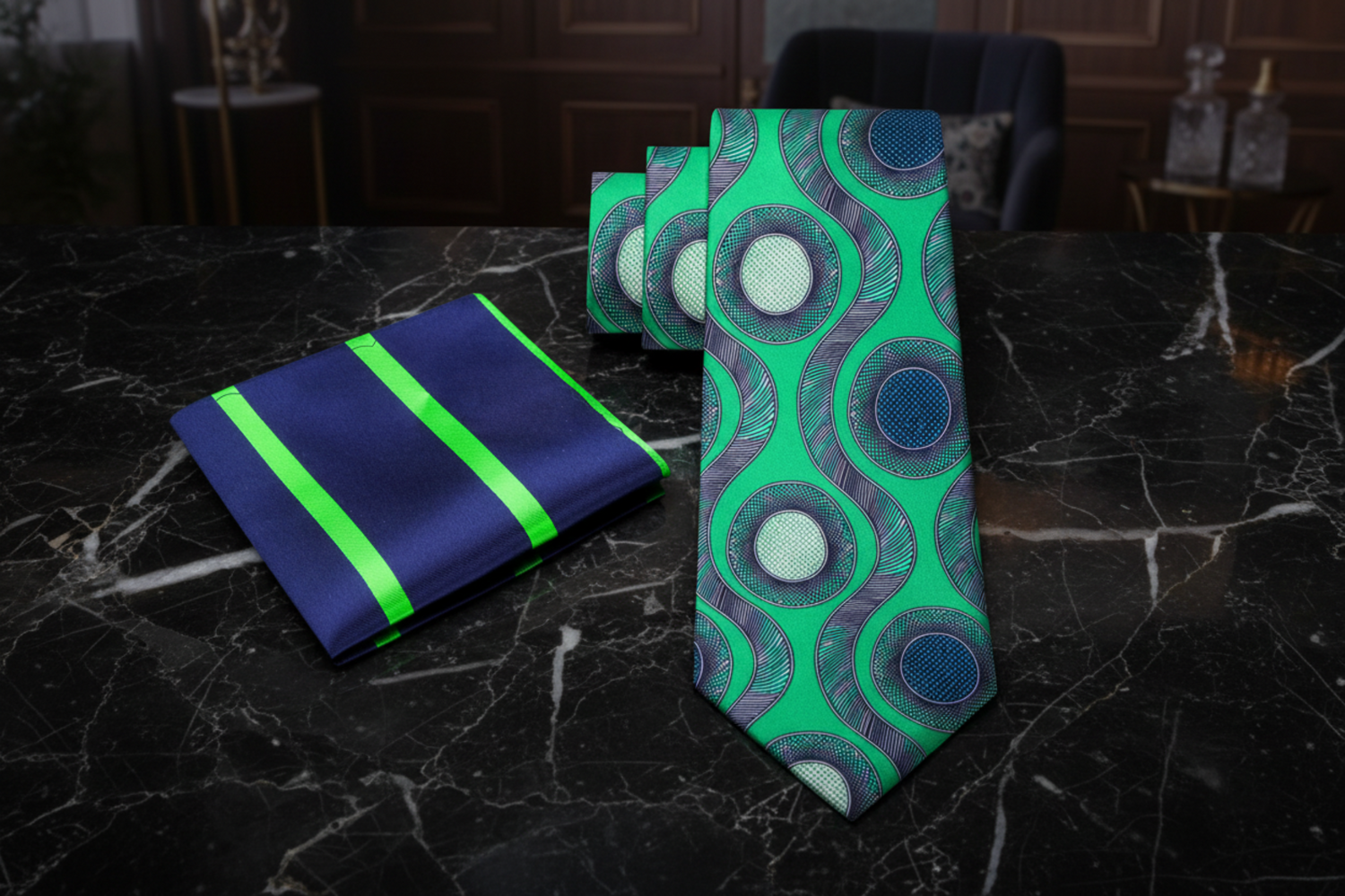 Alt Green Blue Waves and Circles Tie and Accenting Square