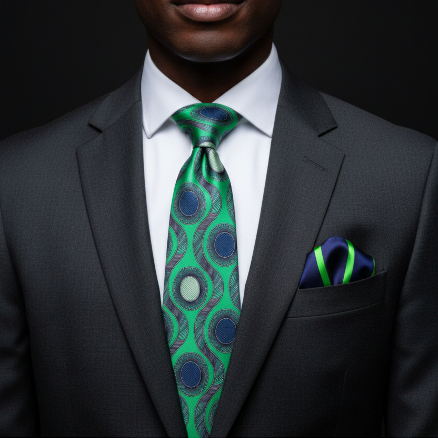 Green & Blue Abstract Necktie with Circles and Wave Pattern