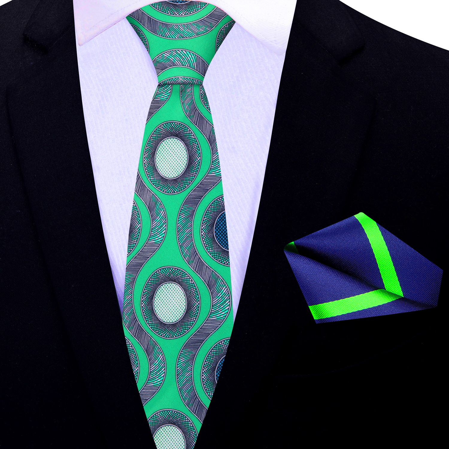 Thin Green Blue Waves and Circles Tie and Accenting Square