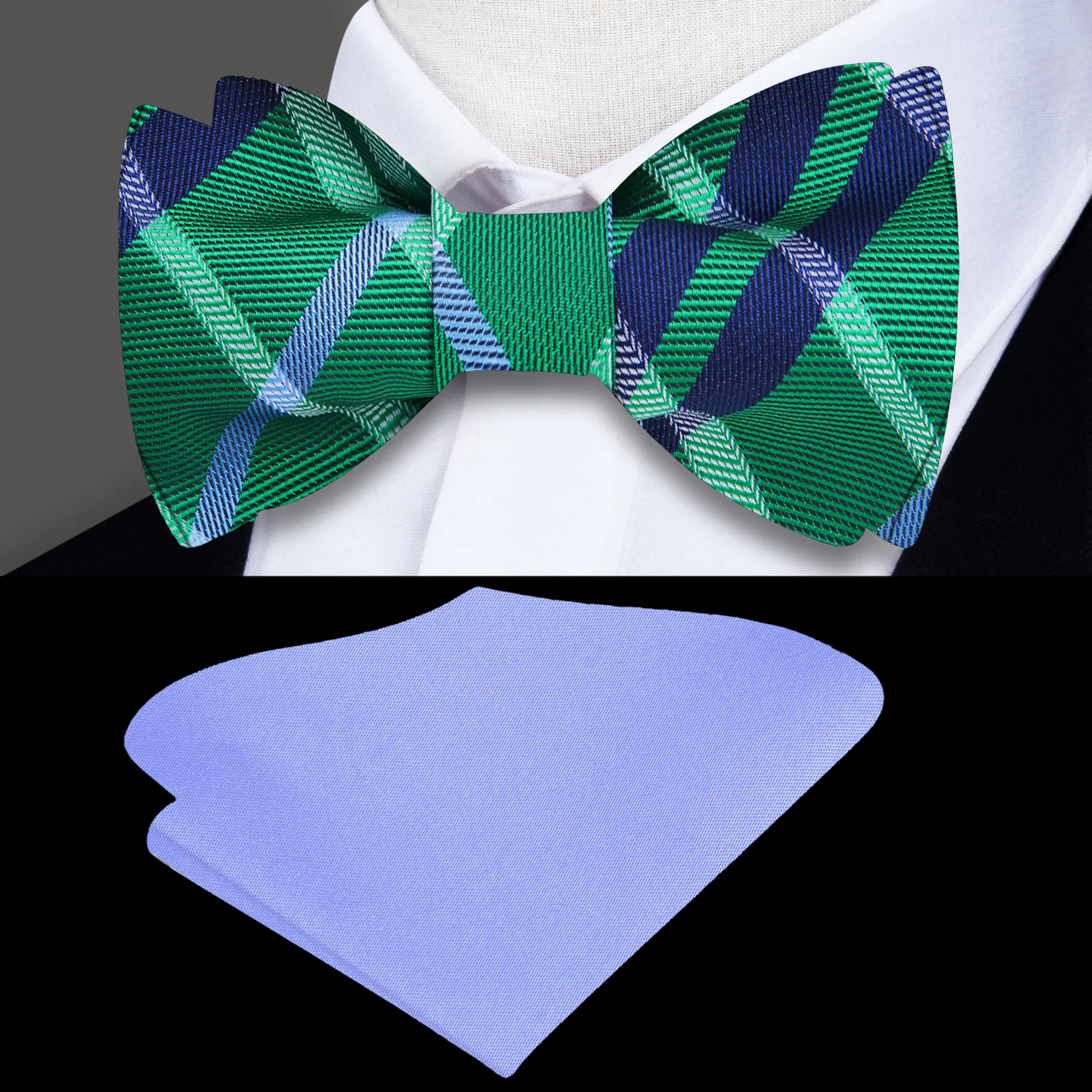 Green and blue plaid bow tie with a light purple blue pocket square on a mannequin.