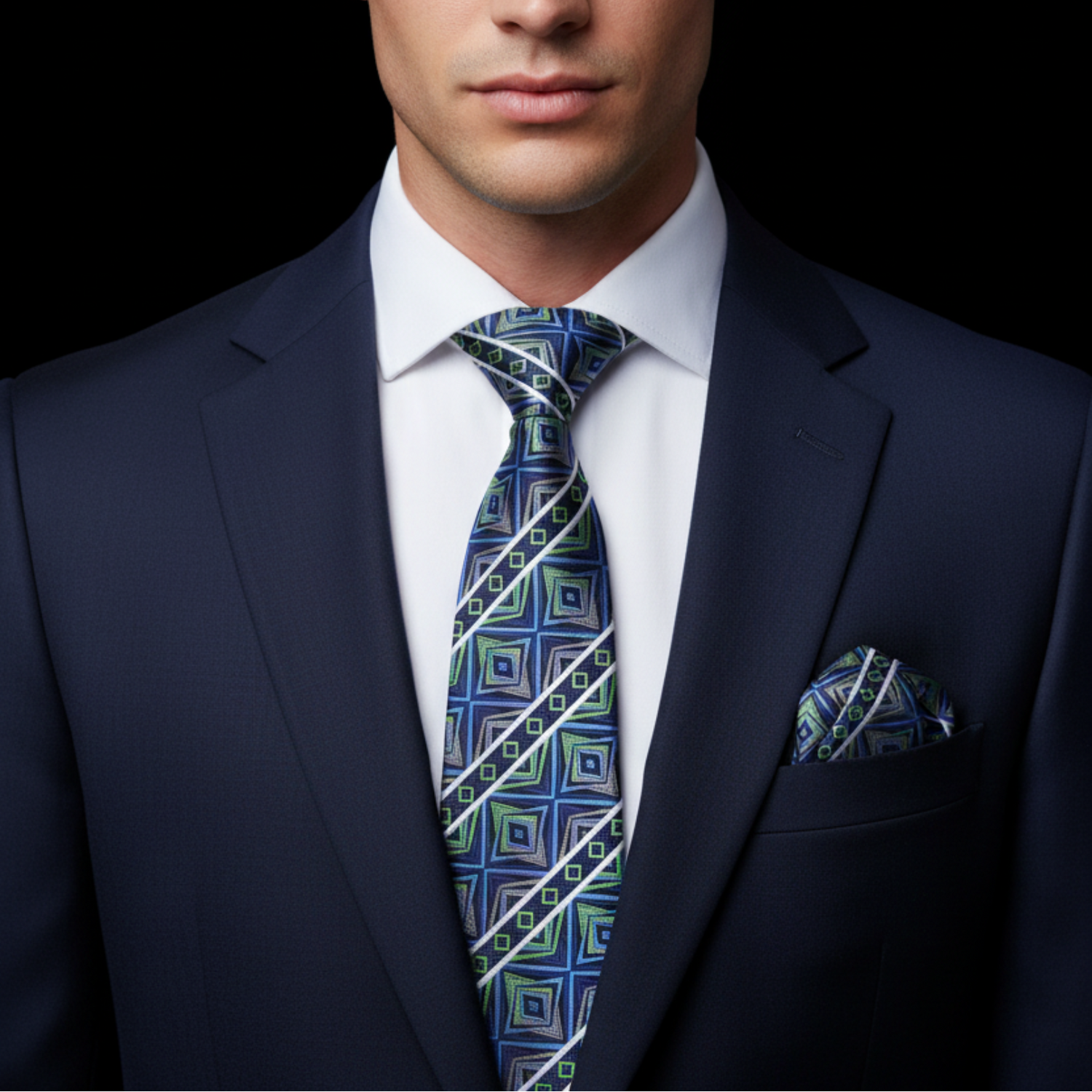 Man wearing a navy suit with a patterned tie and pocket square on a black background