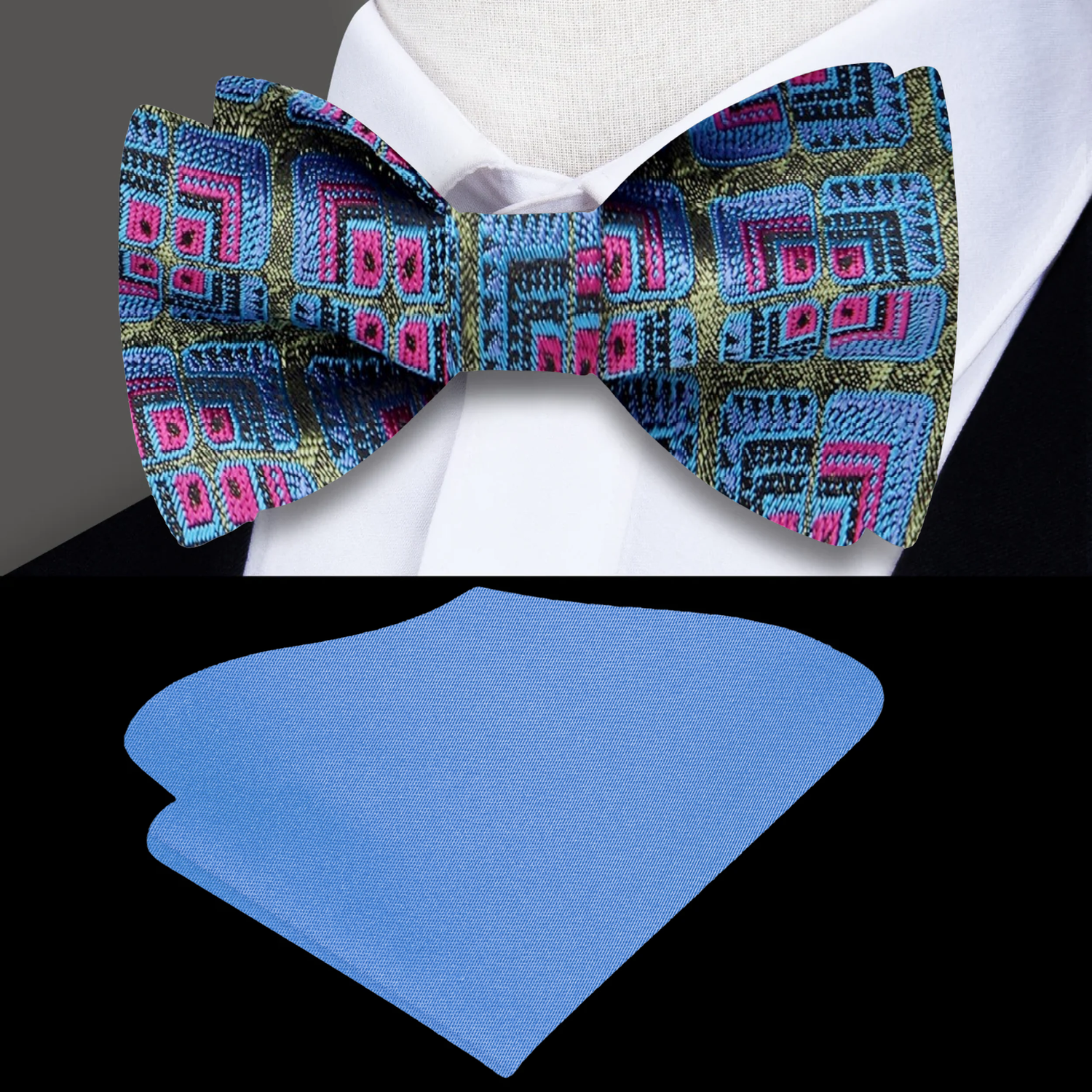 A Green, Blue, Pink Geometric Floral Pattern Self Tie Bow Tie, With Accenting Blue Square