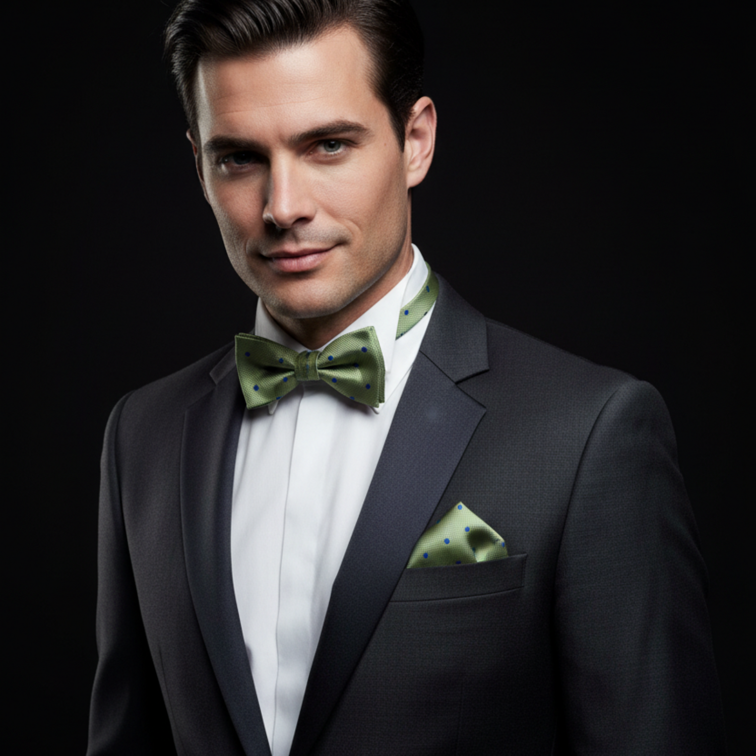 Man wearing a black tuxedo with a green bow tie and pocket square on a black background