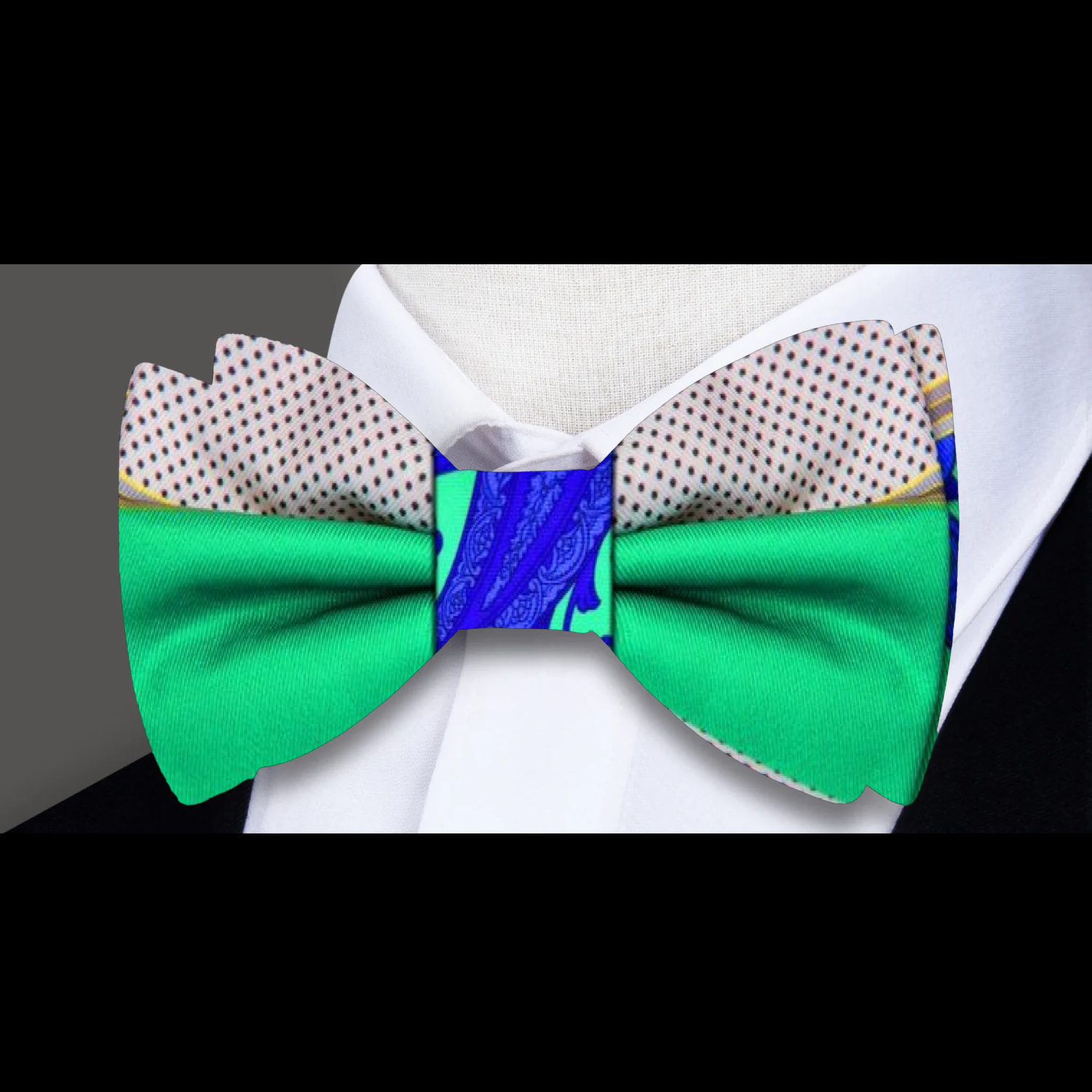 A Green, Blue, Grey, Brown Abstract Paisley Bow Tie
