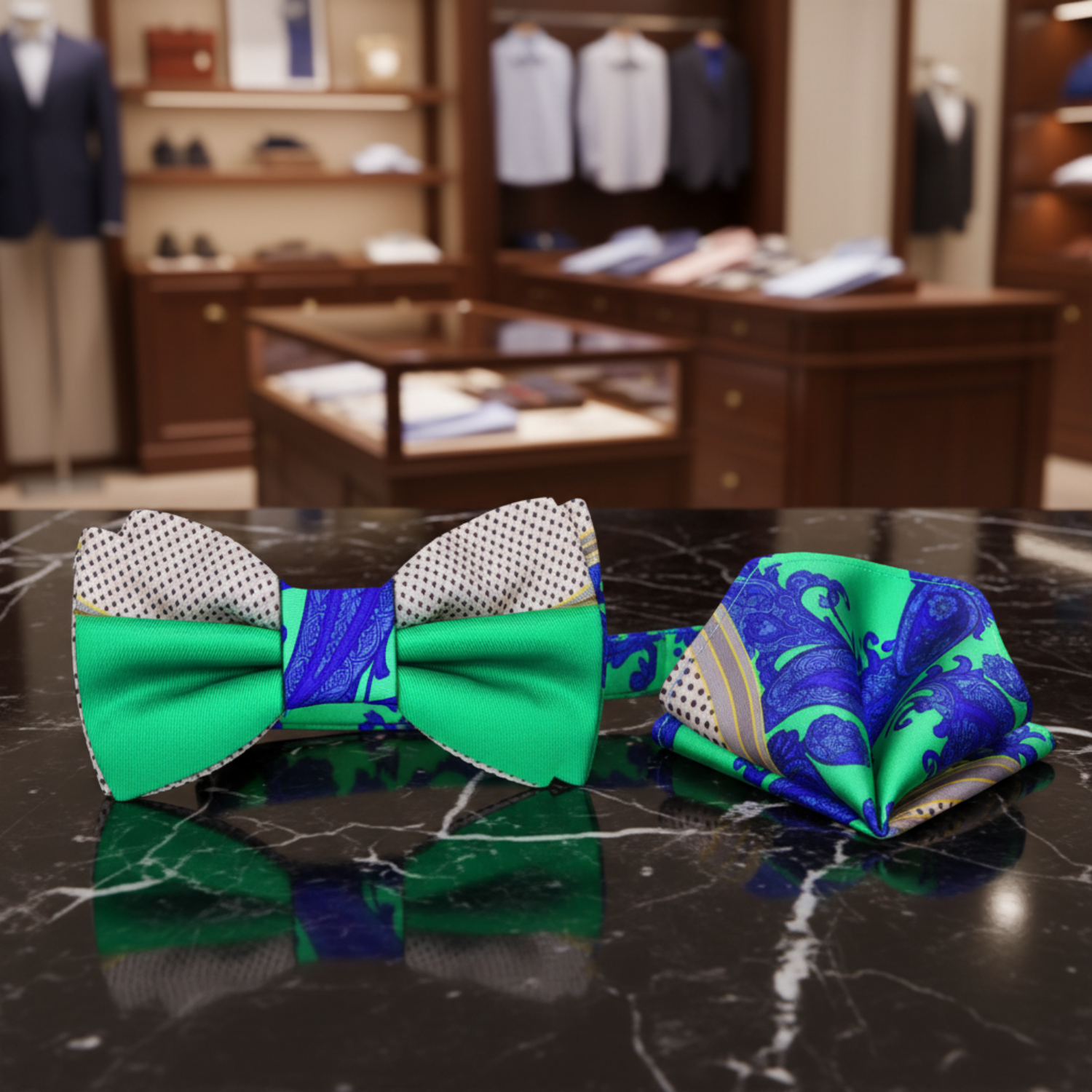 A Green, Blue, Grey, Brown Abstract Paisley Bow Tie, Pocket Square||Green