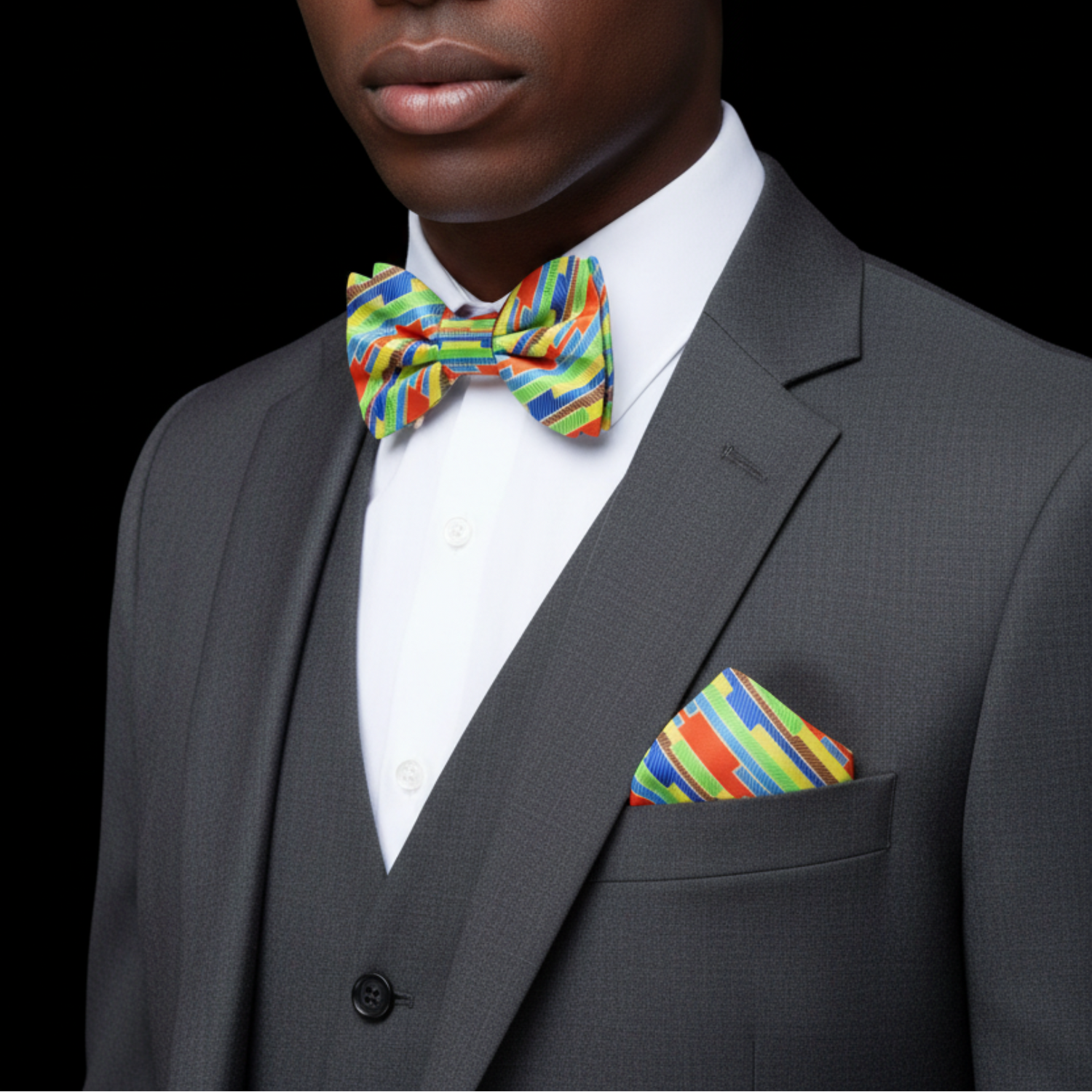 man wearing yellow blue orange abstract stripe bow tie and square