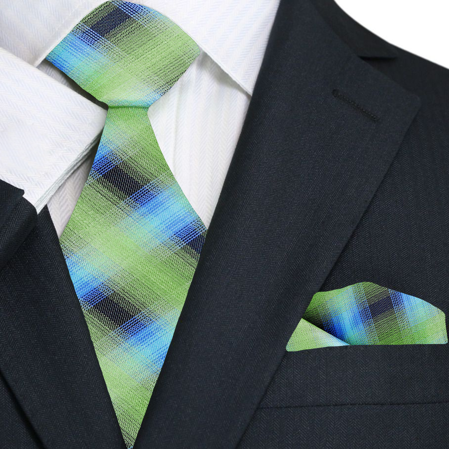 Green and Blue Plaid Tie and Matching Square