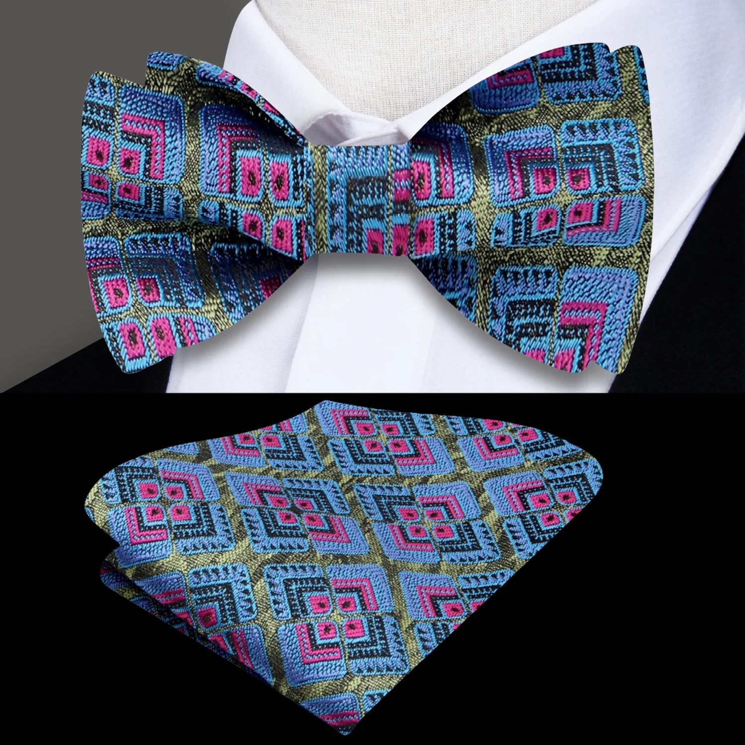 A Green, Blue, Pink Geometric Floral Pattern Self Tie Bow Tie, With Matching Pocket Square