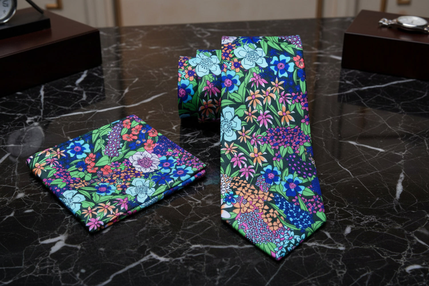 Green, Blue Mixed Flowers  Tie and Handkerchief