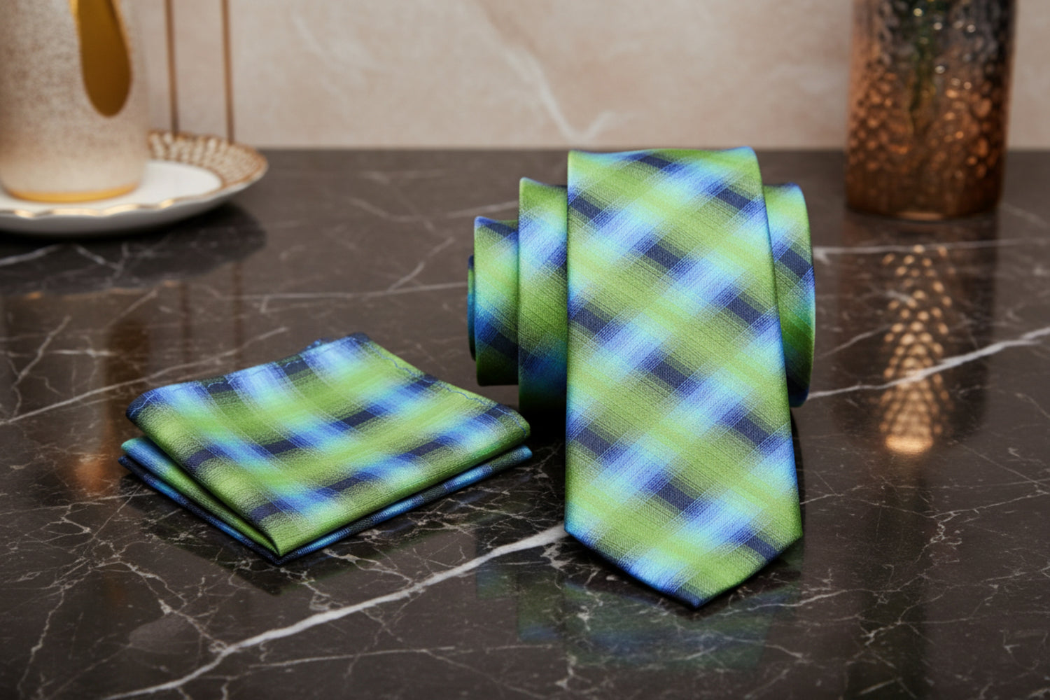 Alt View: Green and Blue Plaid Tie and Square