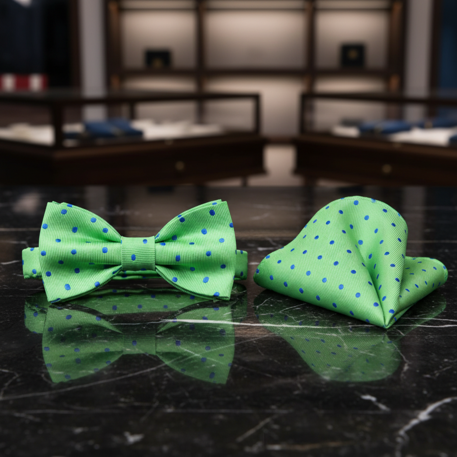 Light Green, Blue Polka Bow Tie and Pocket Square