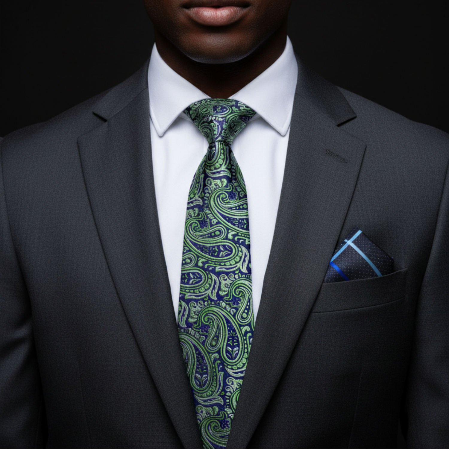 Man wearing a gray suit with a green paisley tie and pocket square on a black background