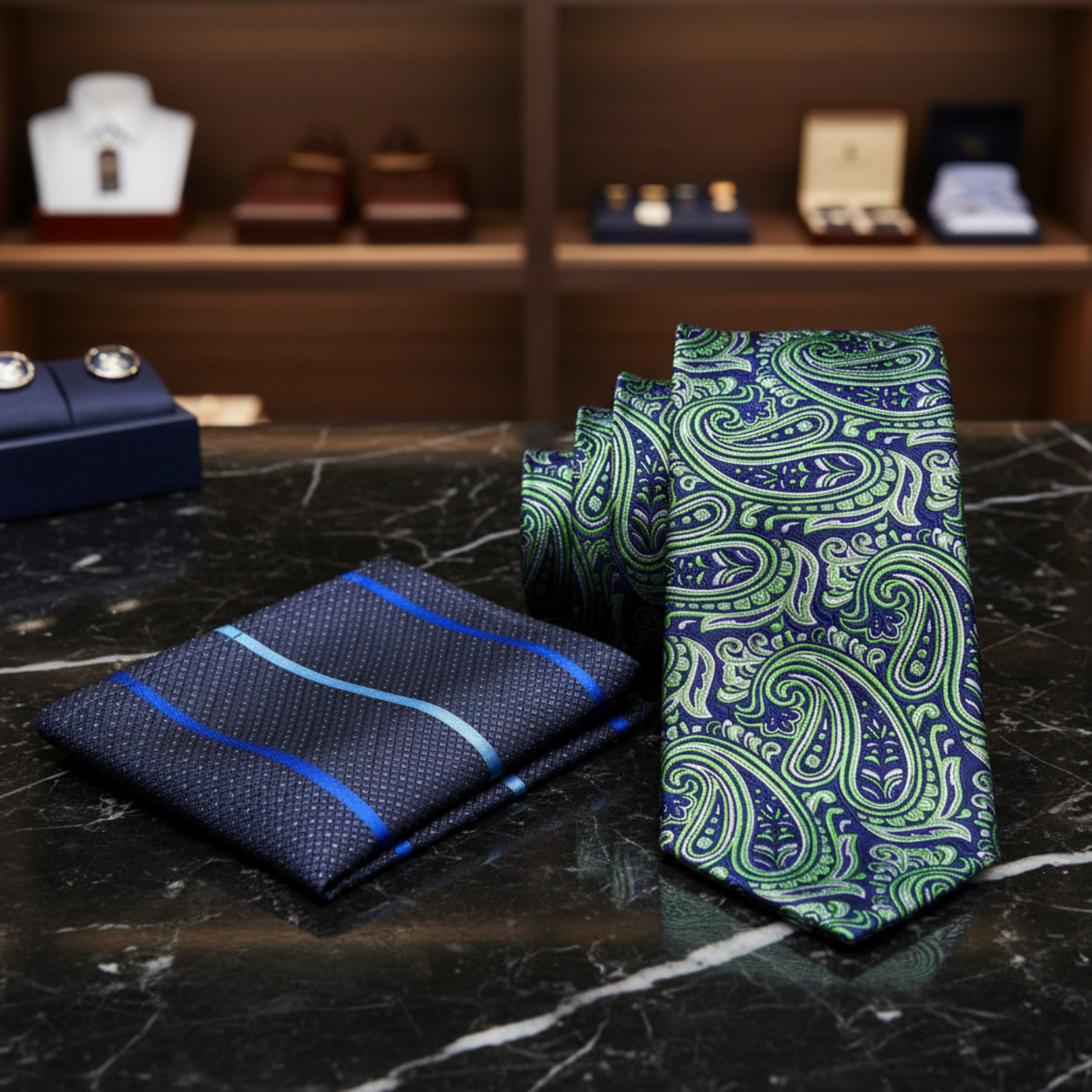 Blue, Green Paisley Necktie and Grey, Blue Stripe Square