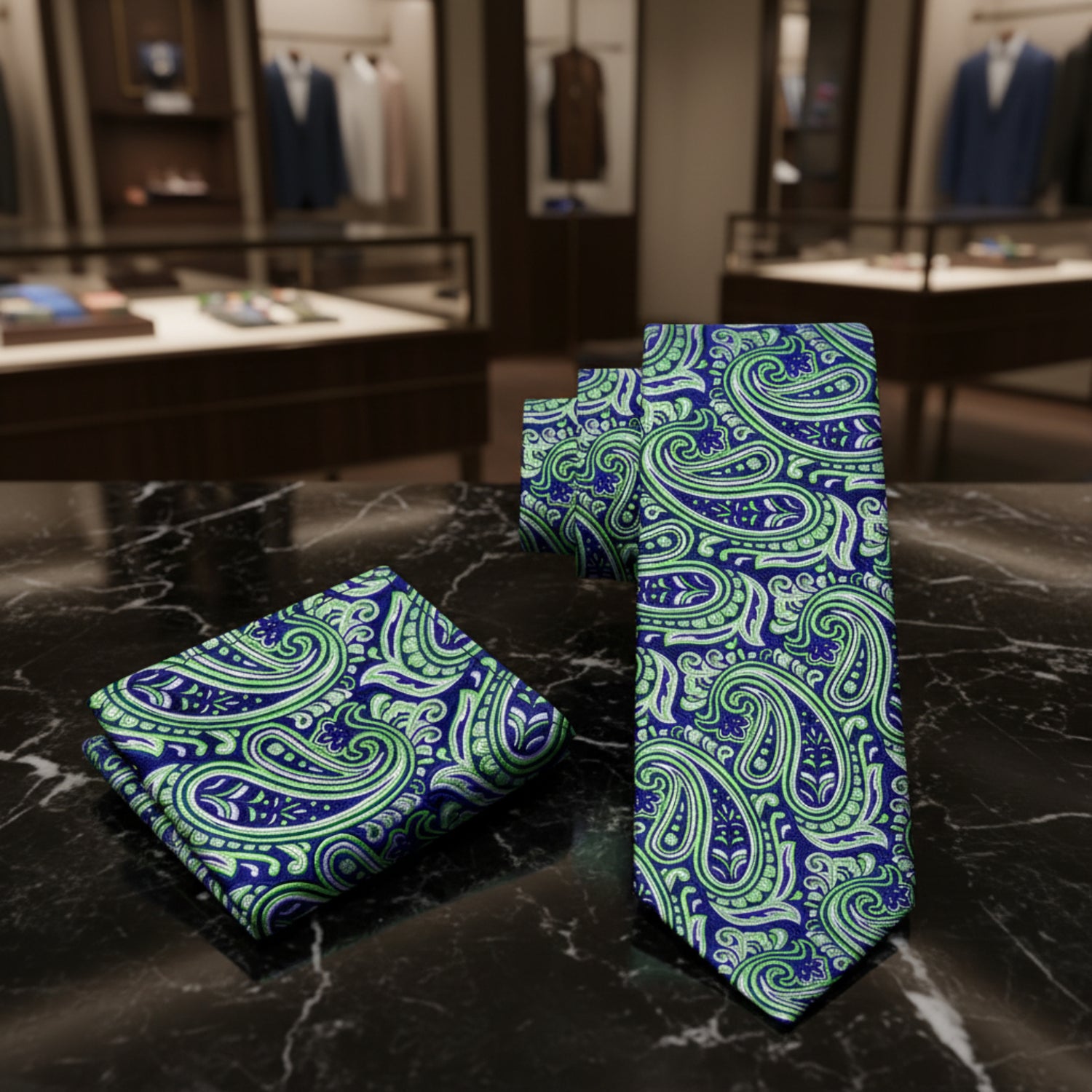 Alt Blue, Green Paisley Necktie and Square