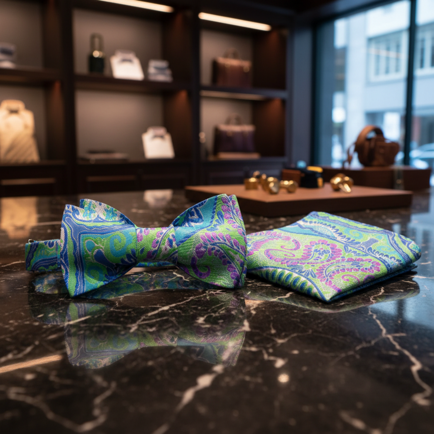 A Green, Blue And Purple Paisley Pattern Silk Self Tie Bow Tie With Matching Pocket Square