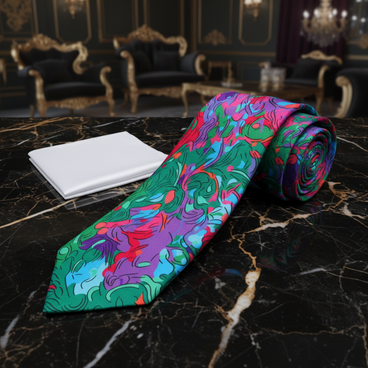 Alt View: Green, Blue, Purple Red Abstract Necktie and White Square