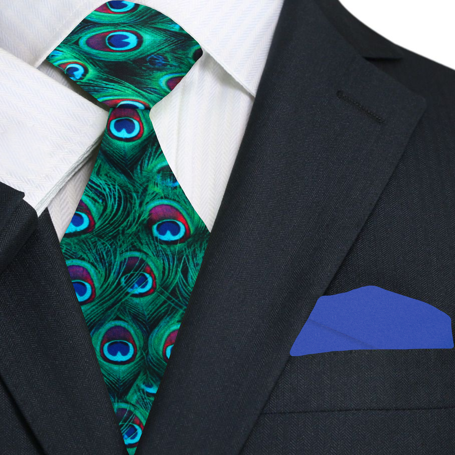 Green, Blue, Red Peacock Feather Tie and Blue Square
