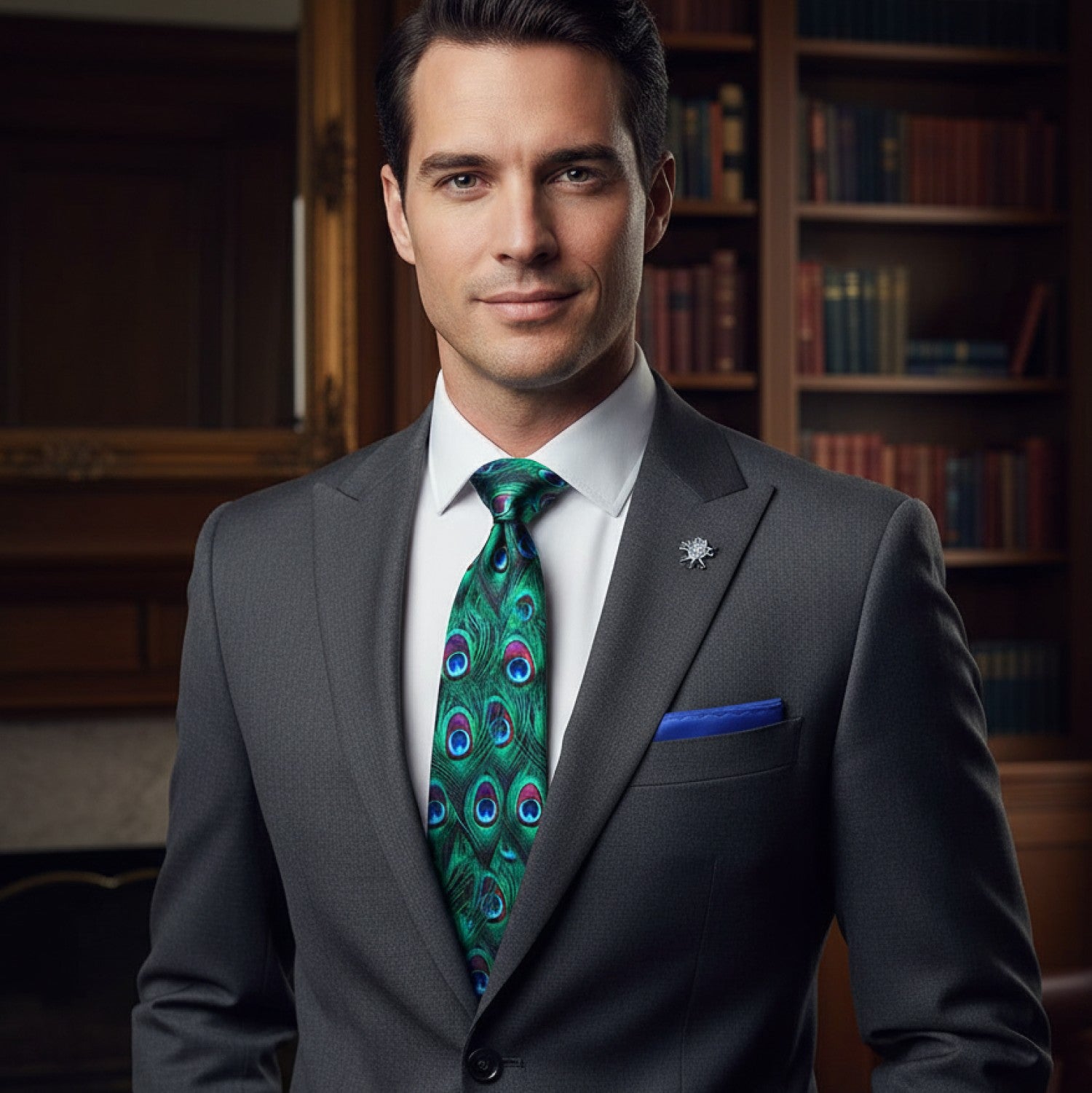 Man wearing peacock tie and blue square in library
