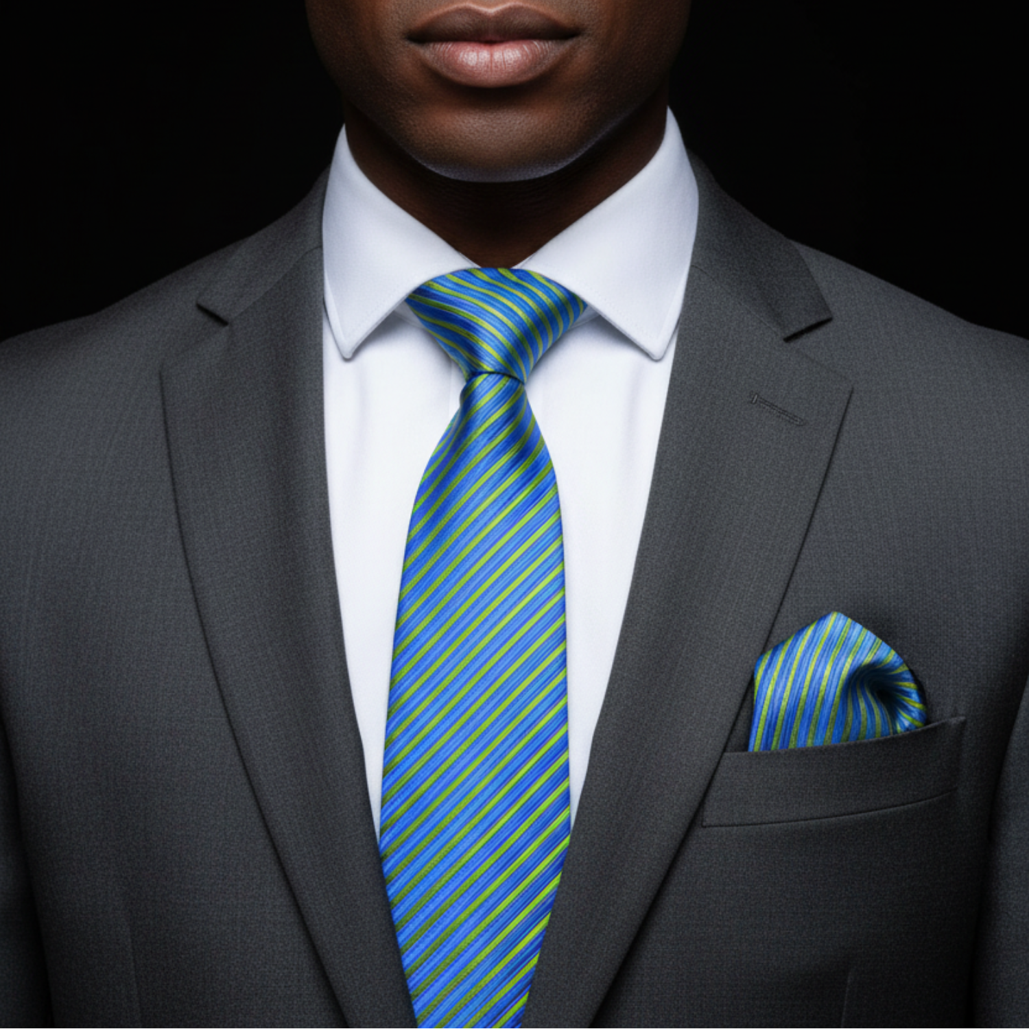 Man wearing a gray suit with a blue striped tie and matching pocket square on a black background