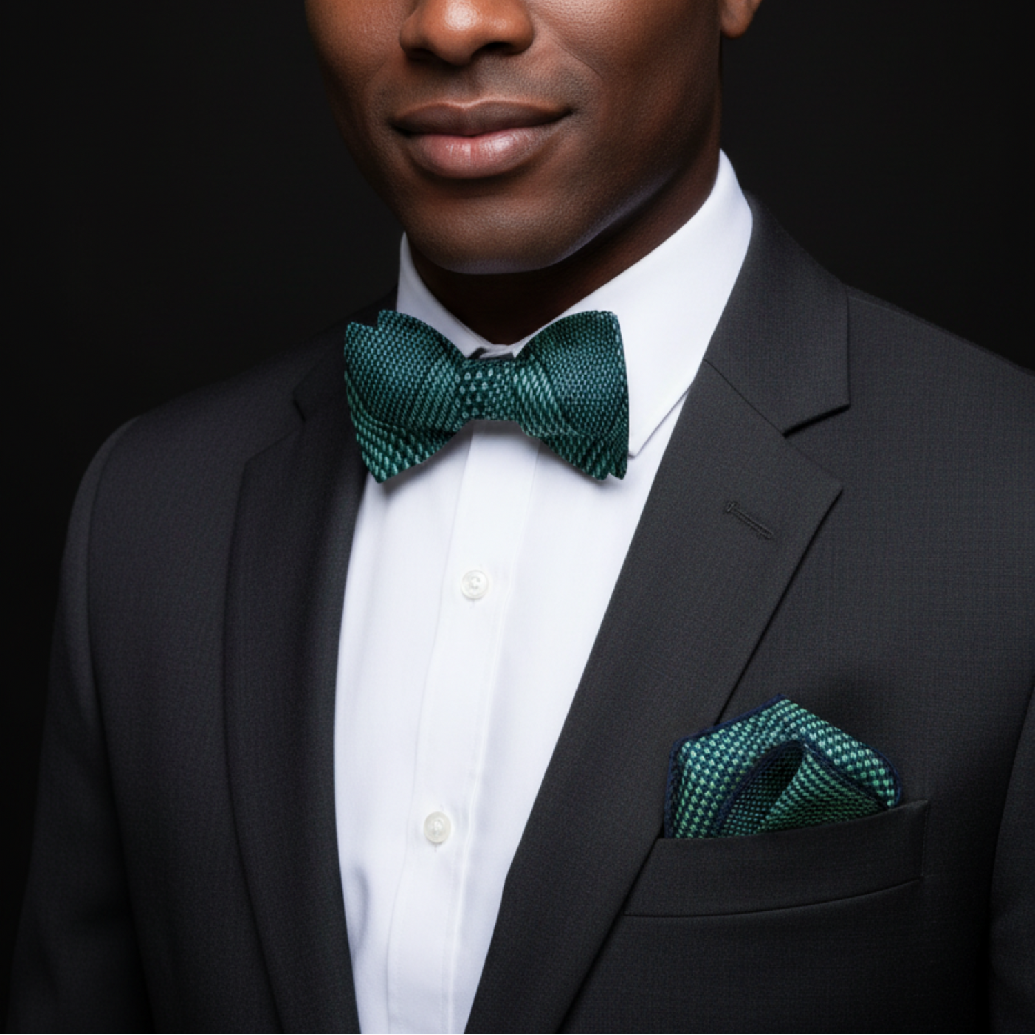 Man wearing a black suit with a green bow tie and pocket square against a dark background
