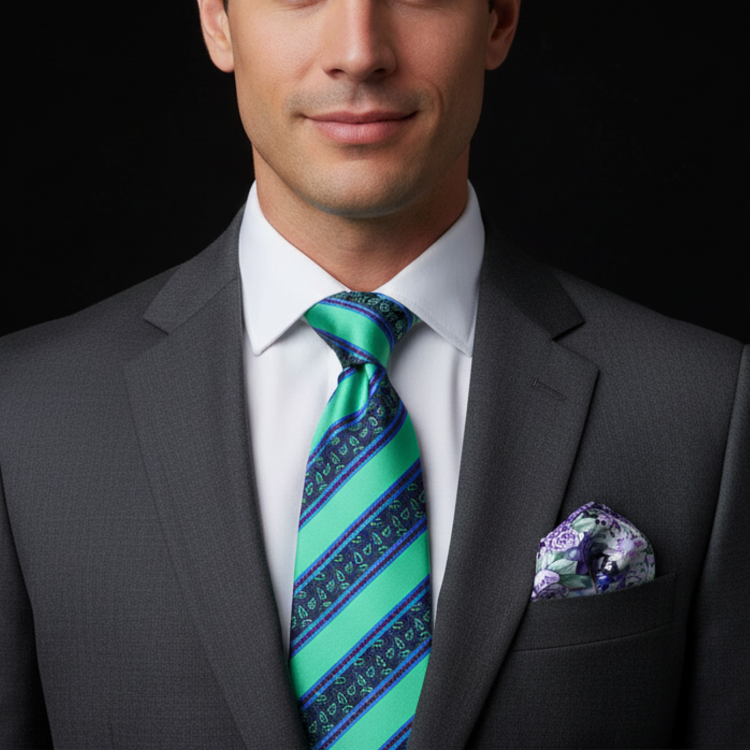 Mint Green and Navy Paisley Stripe Necktie