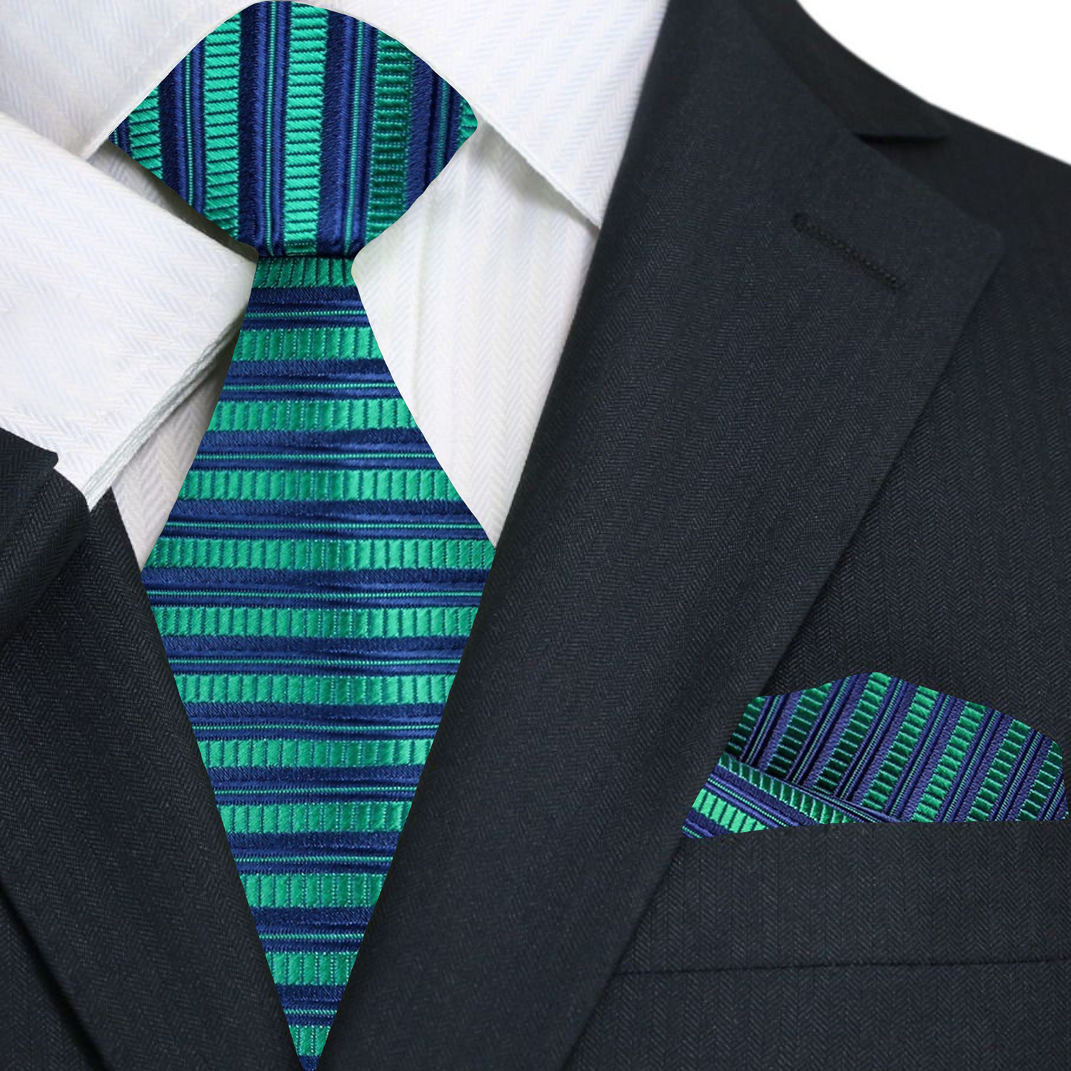 Premium A Green, Blue Horizontal Line Pattern Silk Necktie, Matching Pocket Square