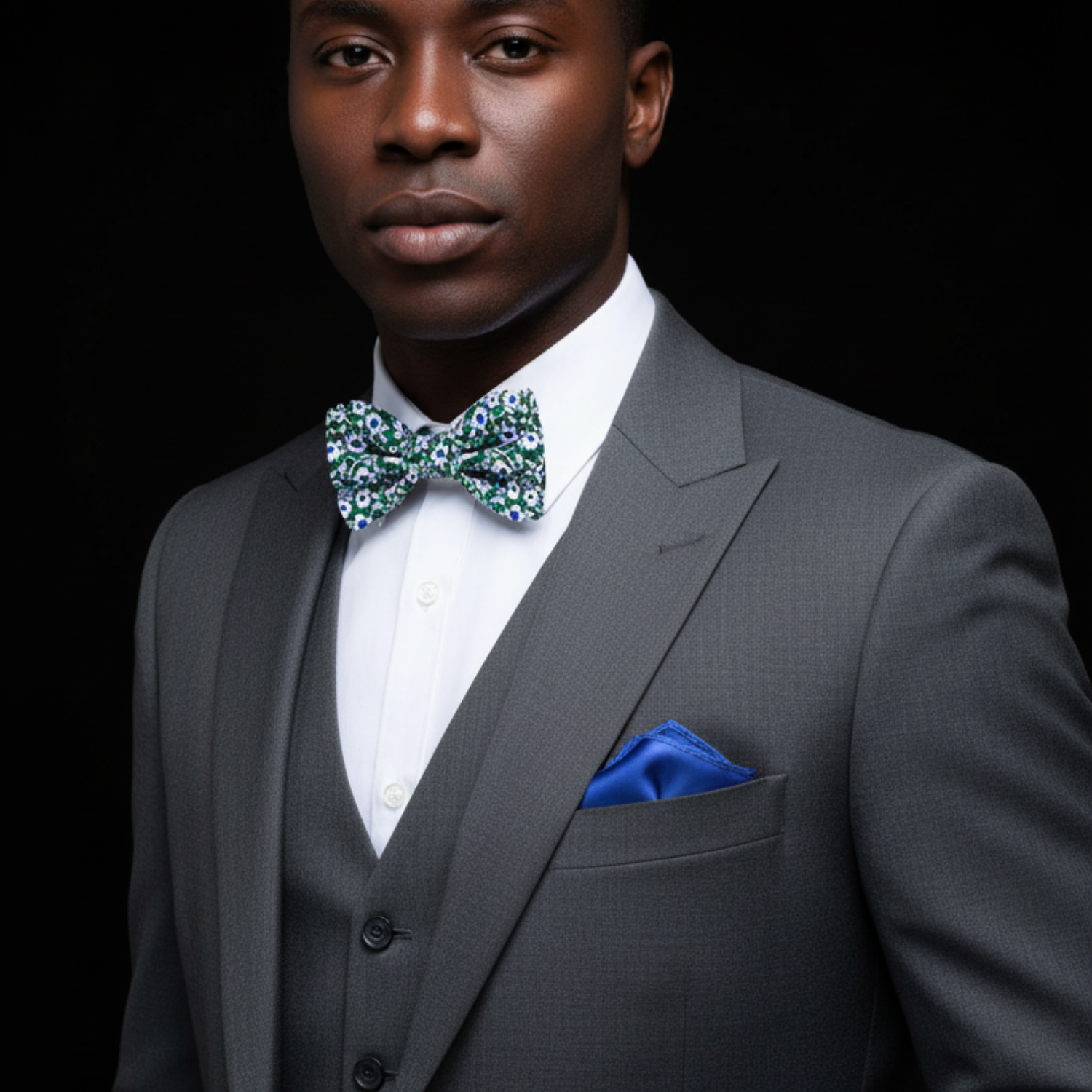 Green, White, Blue Small Flowers Bow Tie and Blue Square