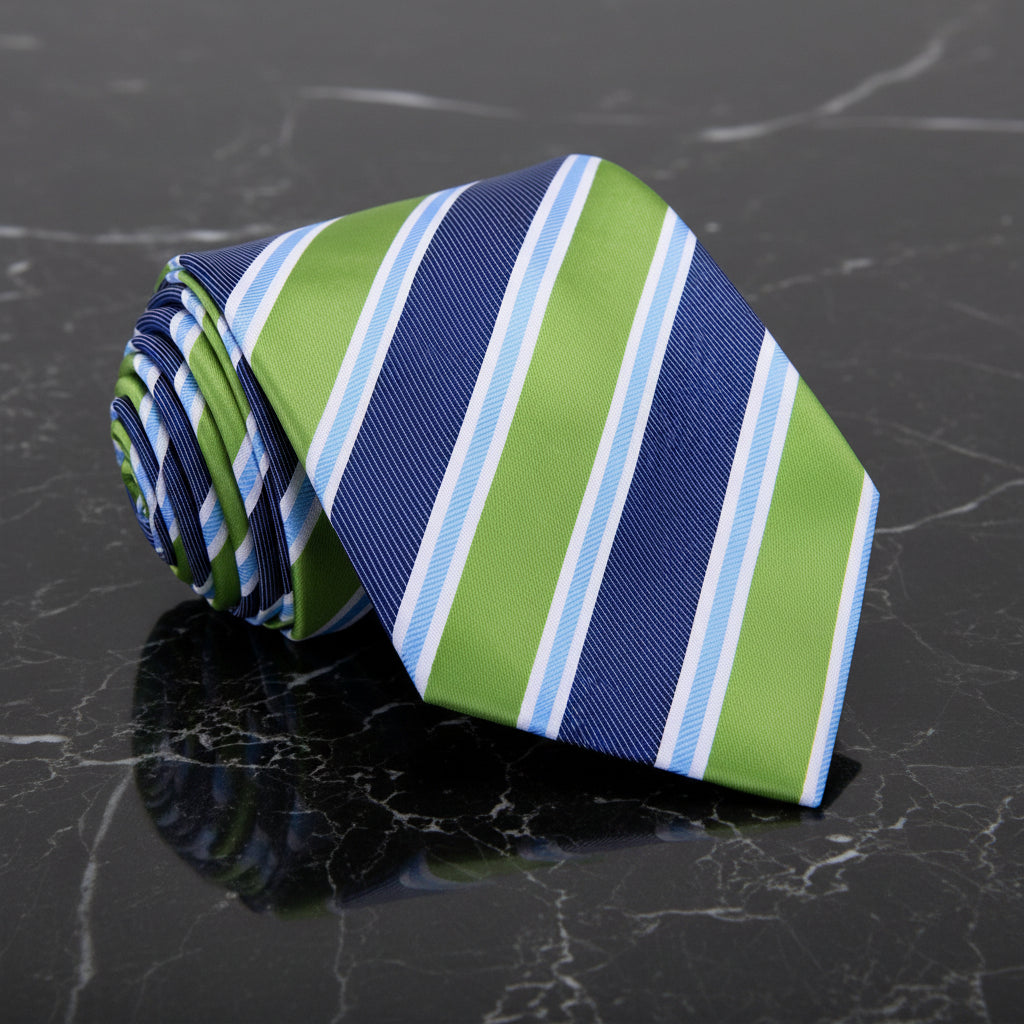 Striped tie with green, blue, and white pattern 