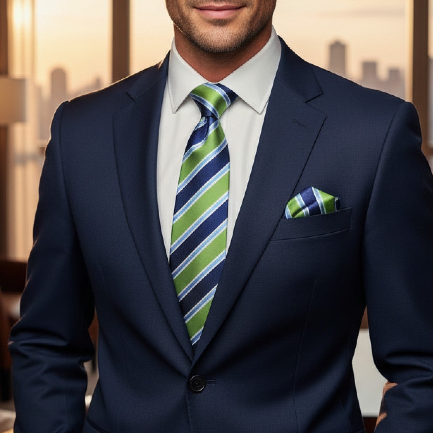 Man wearing a navy suit with a green and blue striped tie and matching pocket square, standing in an office setting.