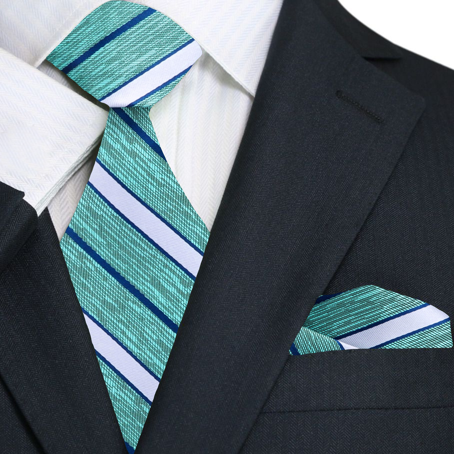 Premium Green, Blue Stripe Tie and Pocket Square