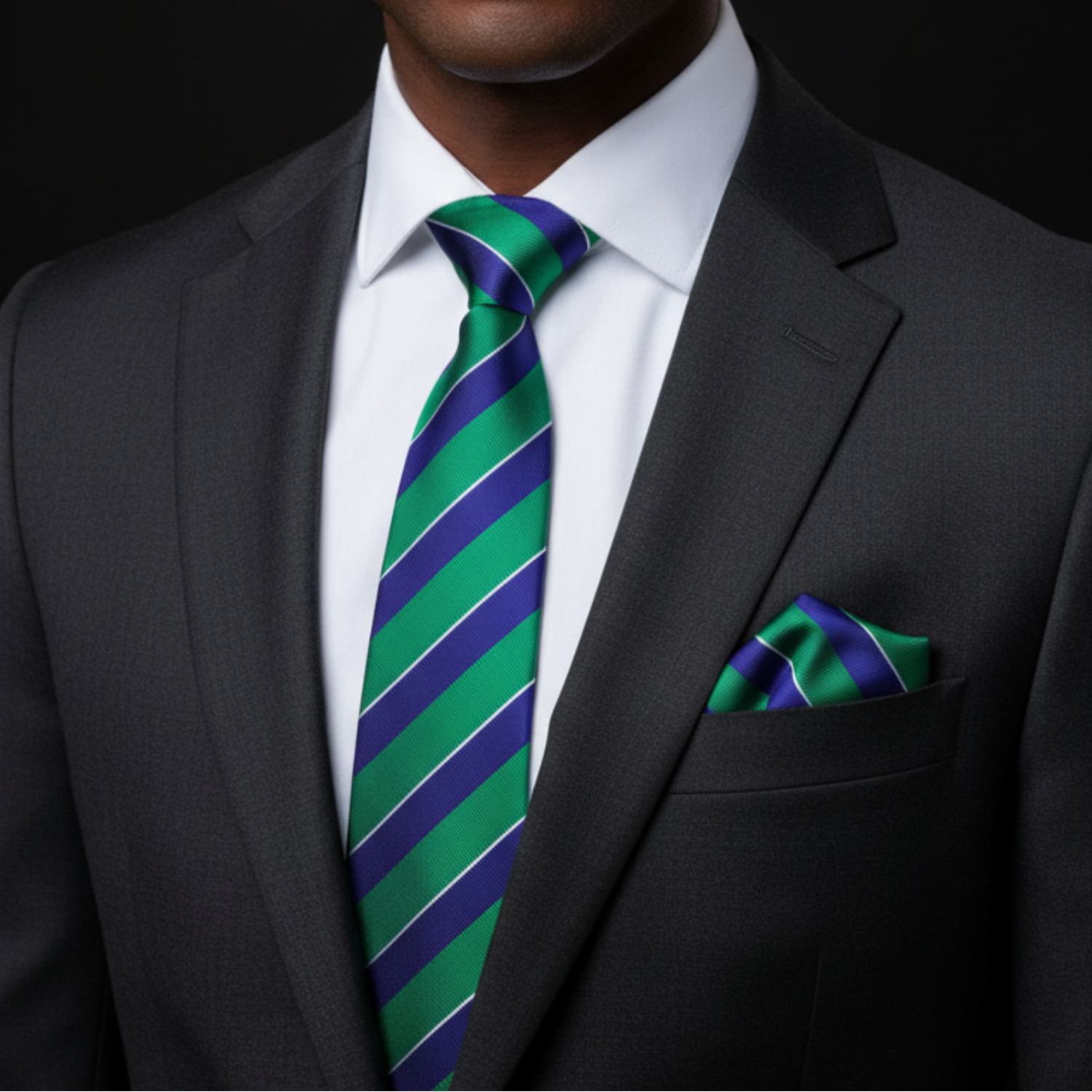 Green and Blue Stripe Tie and Square on Man