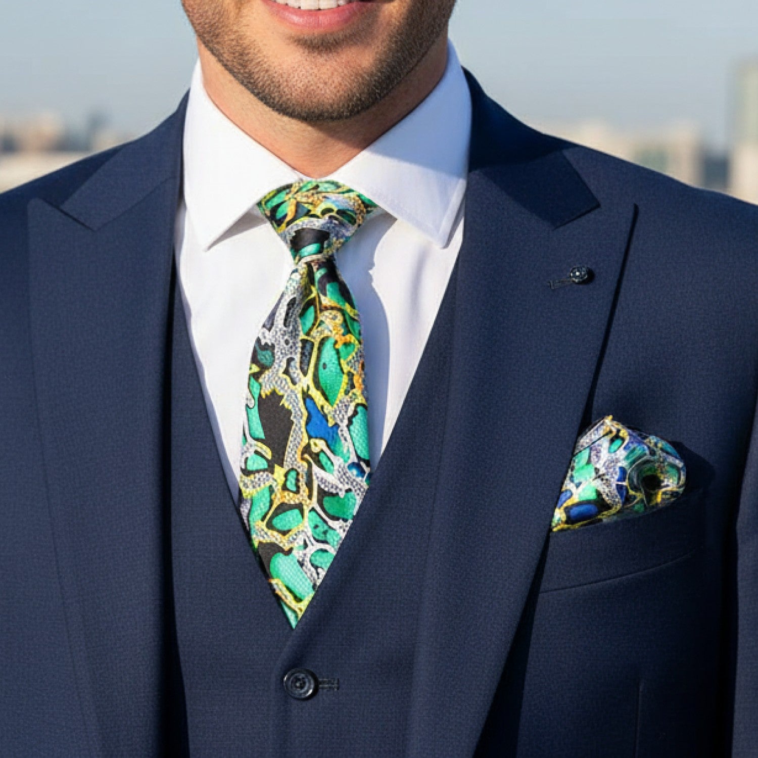 Green, Yellow, Blue, Grey & Black Snakeskin Necktie