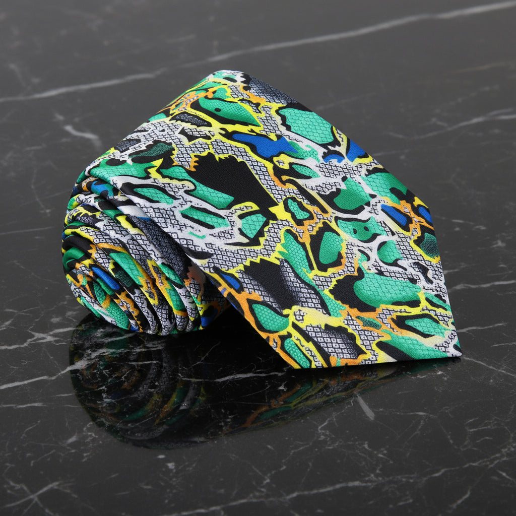 Green, Yellow, Blue, Black, Grey Snakeskin Necktie