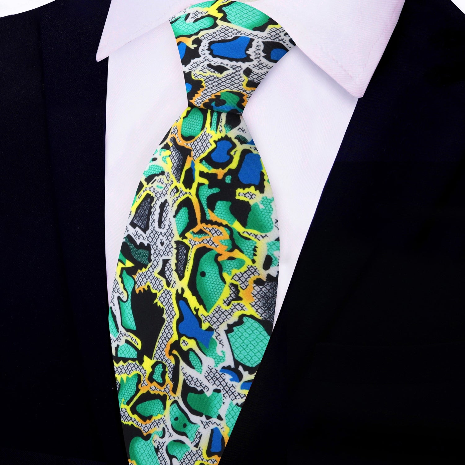 Green, Yellow, Blue, Black, Grey Snakeskin Necktie