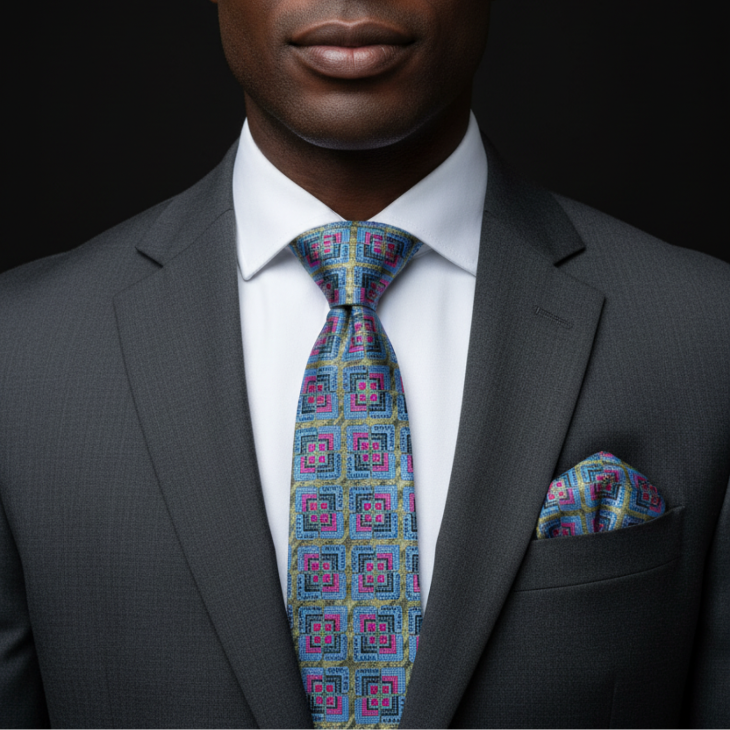 Green and Pink Geometric Tie and Square on Man with suit