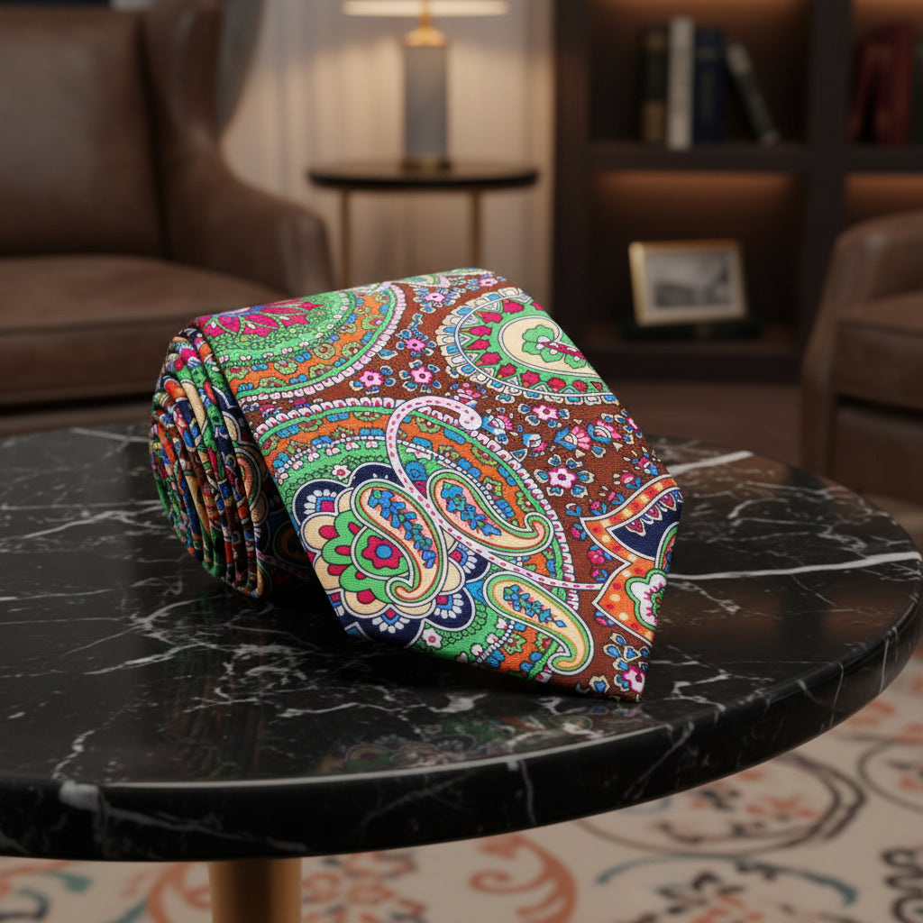 Green, Brown, Blue, Red Paisley Abstract Tie 