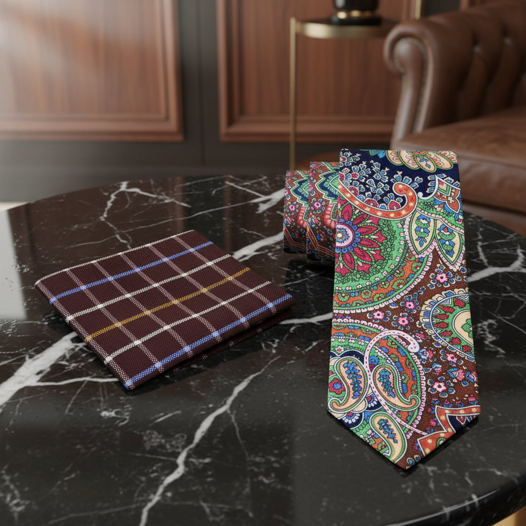 Alt View: Green, Brown, Blue, Red Paisley Abstract Tie and Accenting Brown Plaid Square