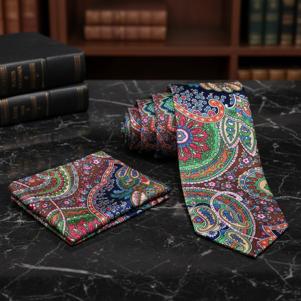 Alt View:  Green, Brown, Blue, Red Paisley Abstract Tie and Matching Square