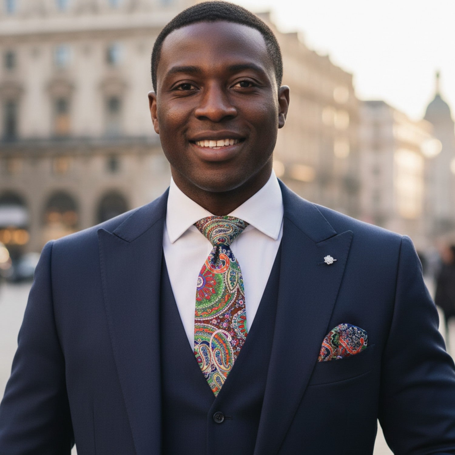 Man in a navy suit with a colorful tie and pocket square standing in an urban setting.