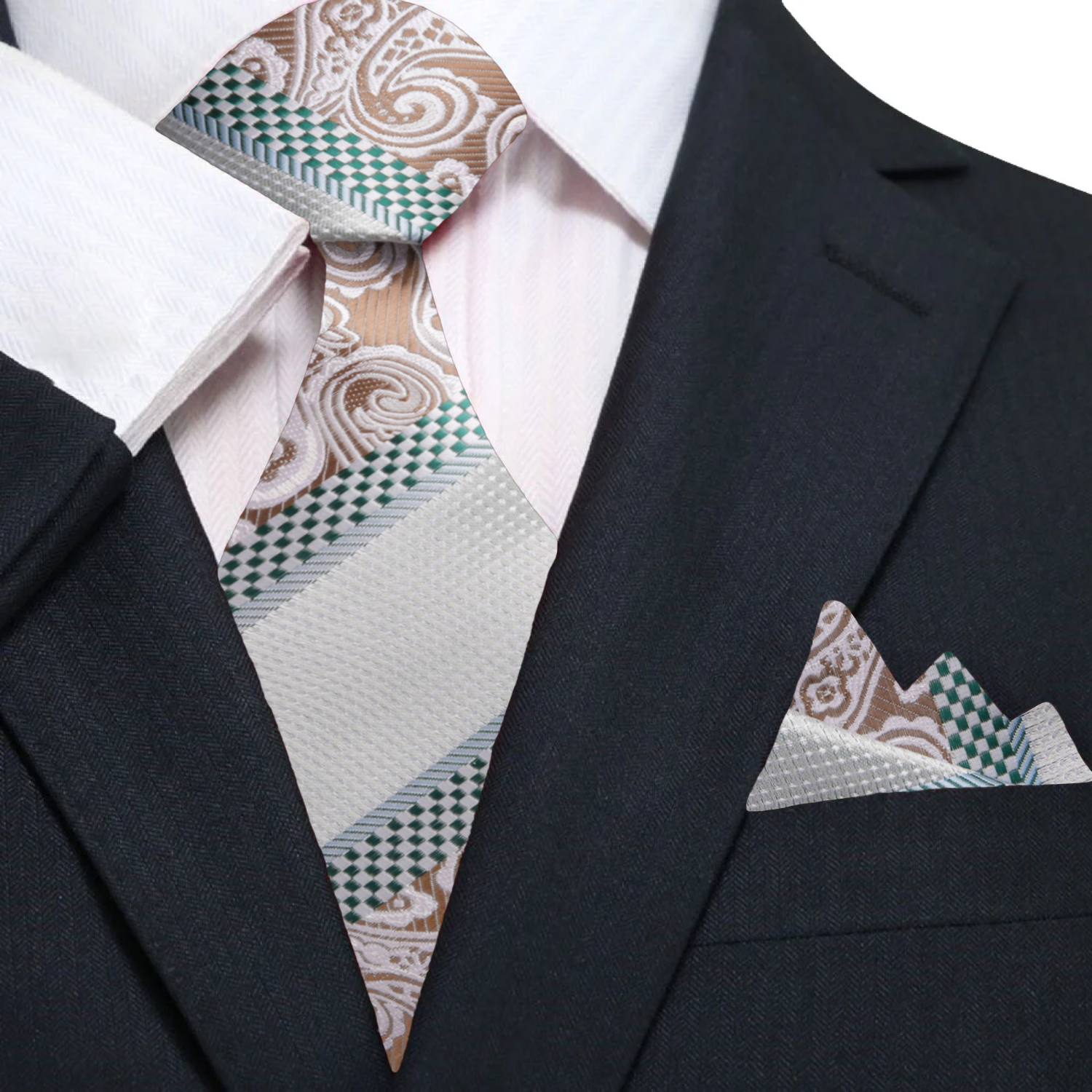 Premium: Green and Brown Check and Paisley Necktie and Square