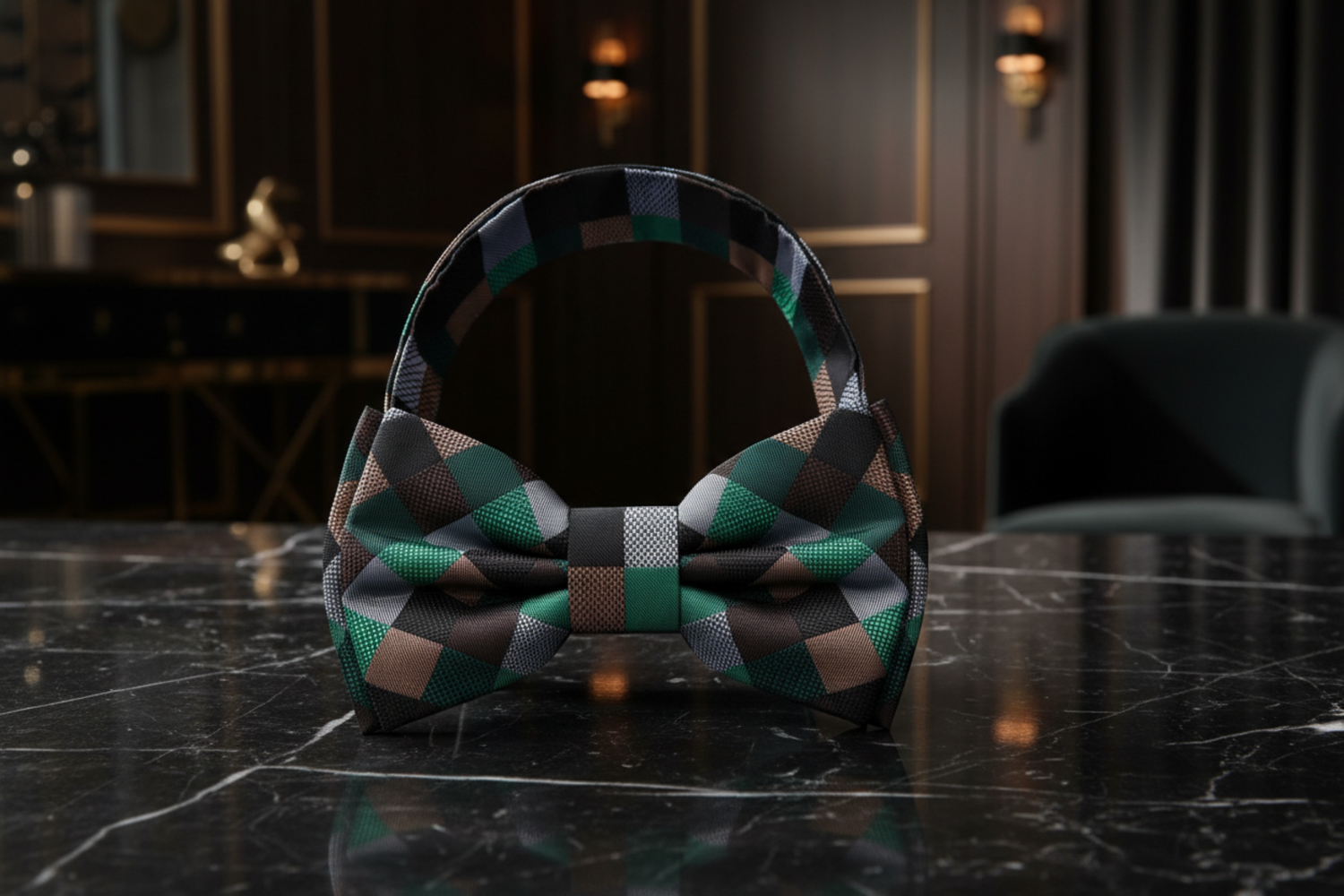 A camouflage bow tie with black, brown, green, and gray colors