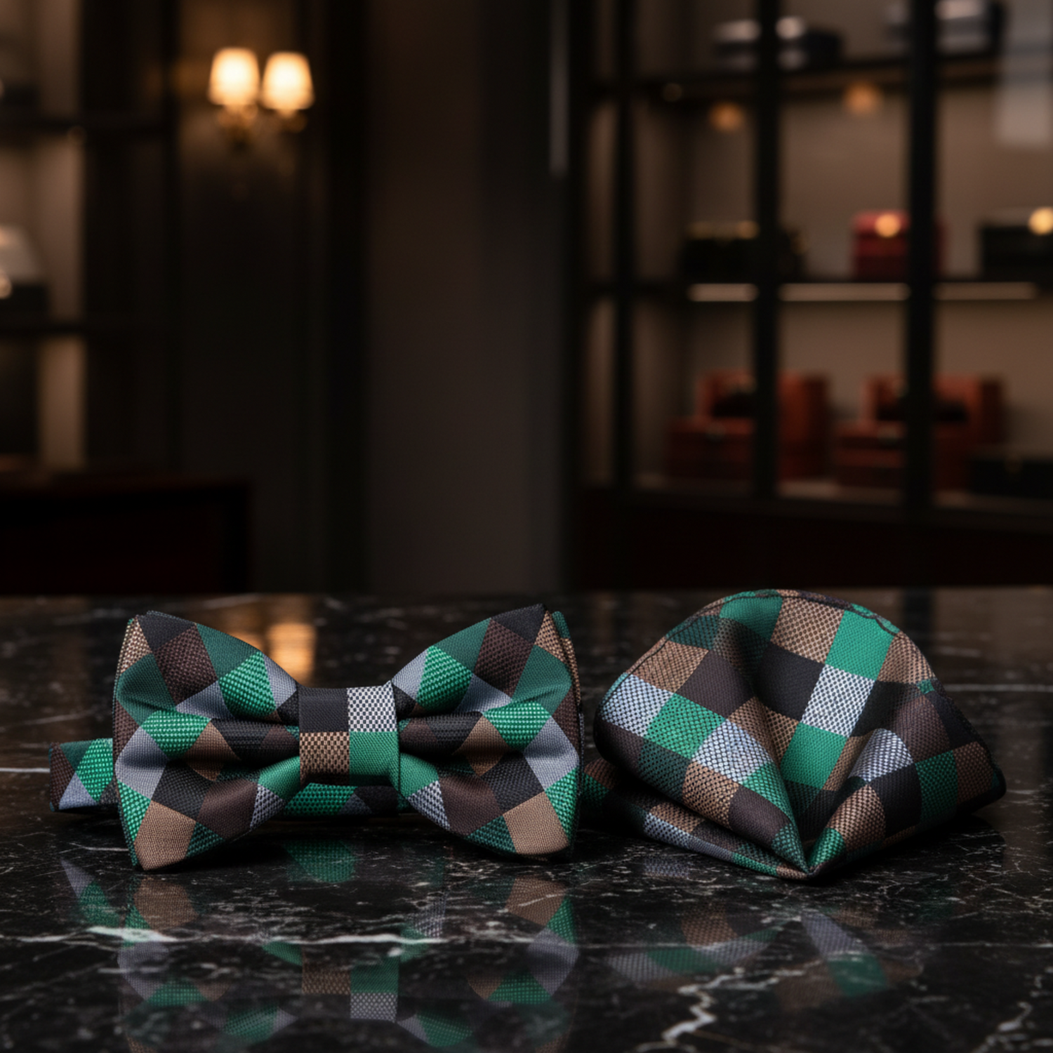 Main View: Green, Brown and Grey Check Bow Tie and Pocket Square