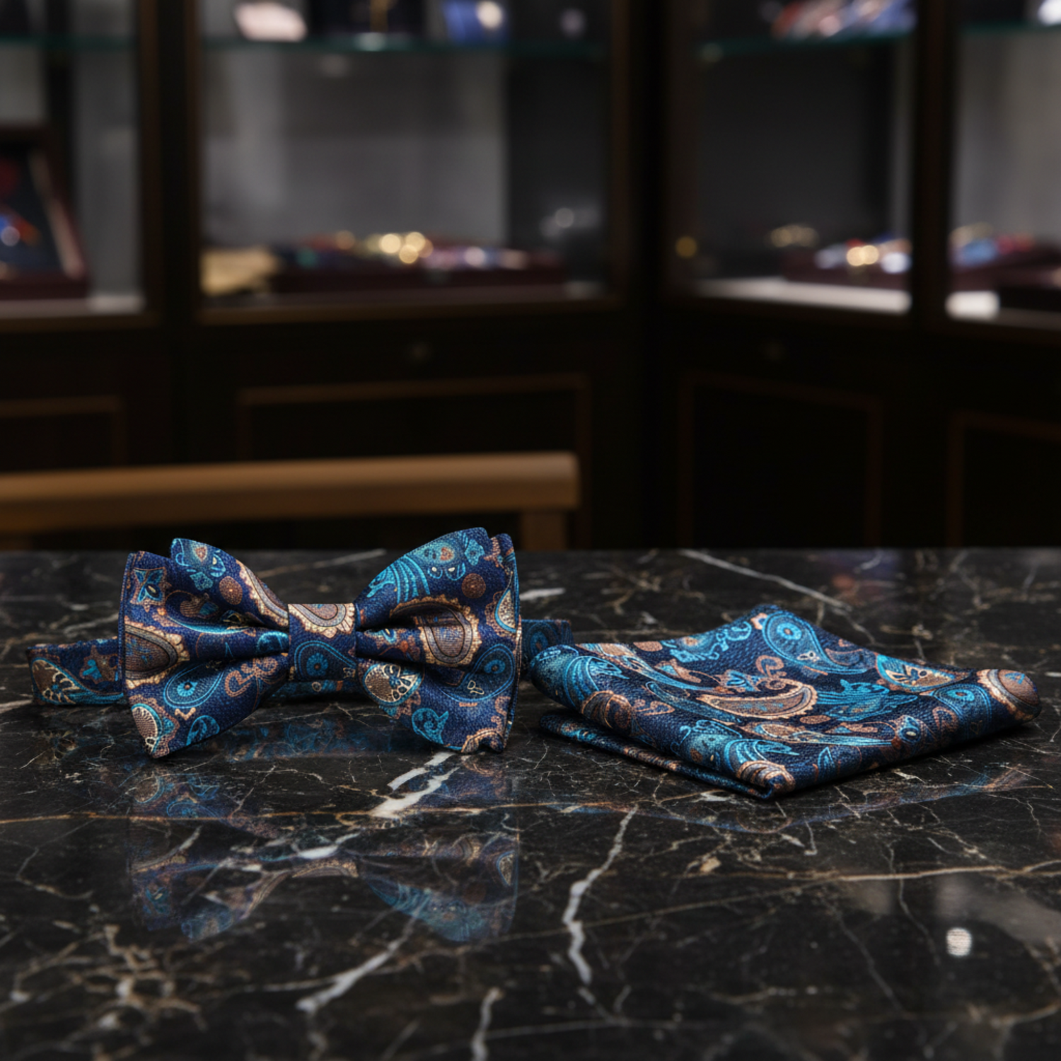 Green and Brown Paisley Bow Tie and Matching Square
