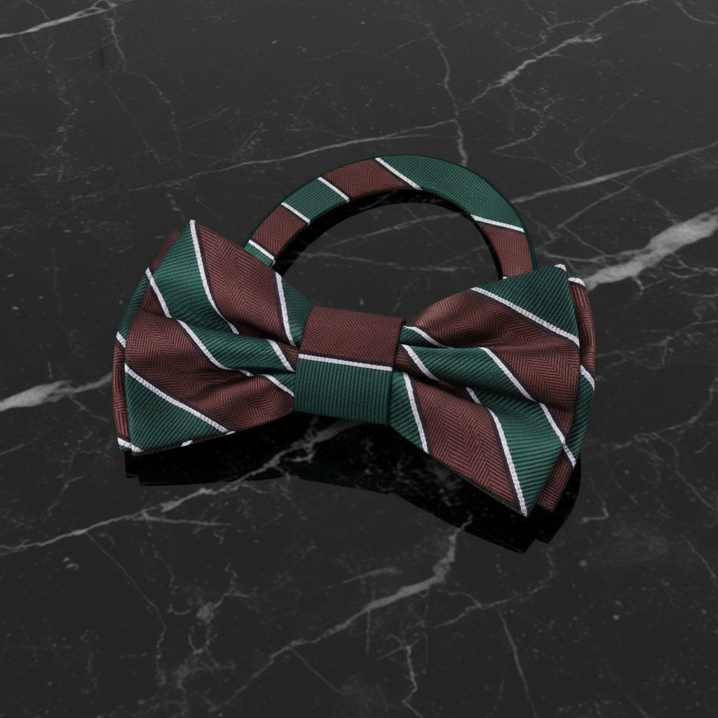 Pre Tied Brown, Green Block Stripe Bow Tie 