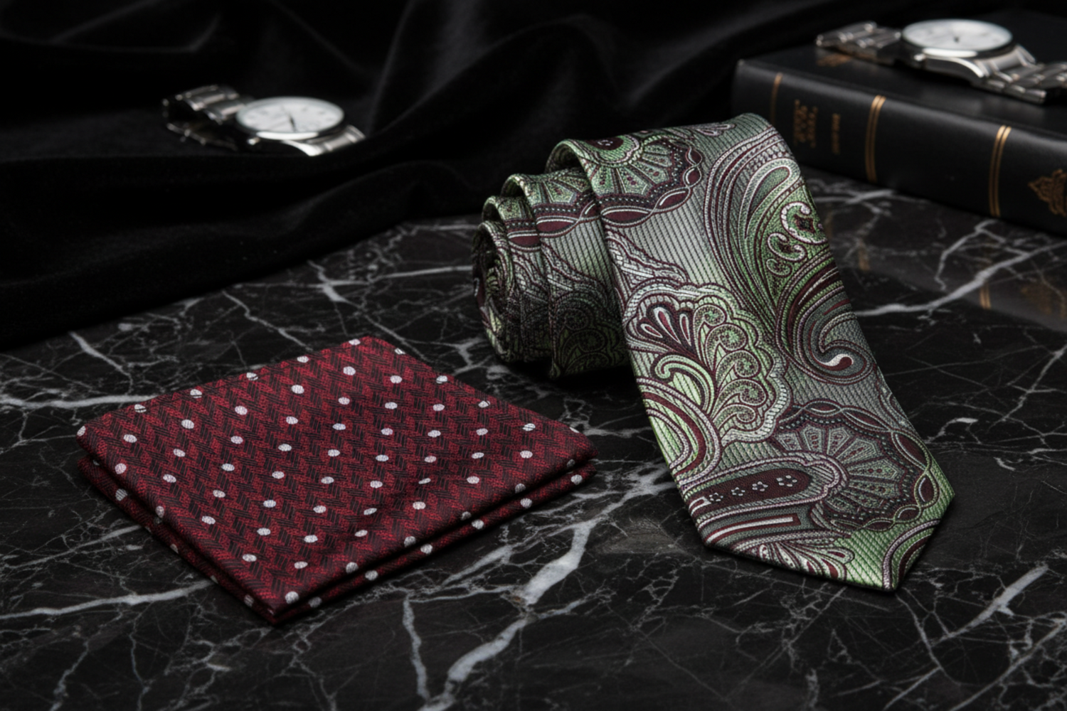 alt Grey, Green, Burgundy Paisley Necktie and Accenting Burgundy SQUARE