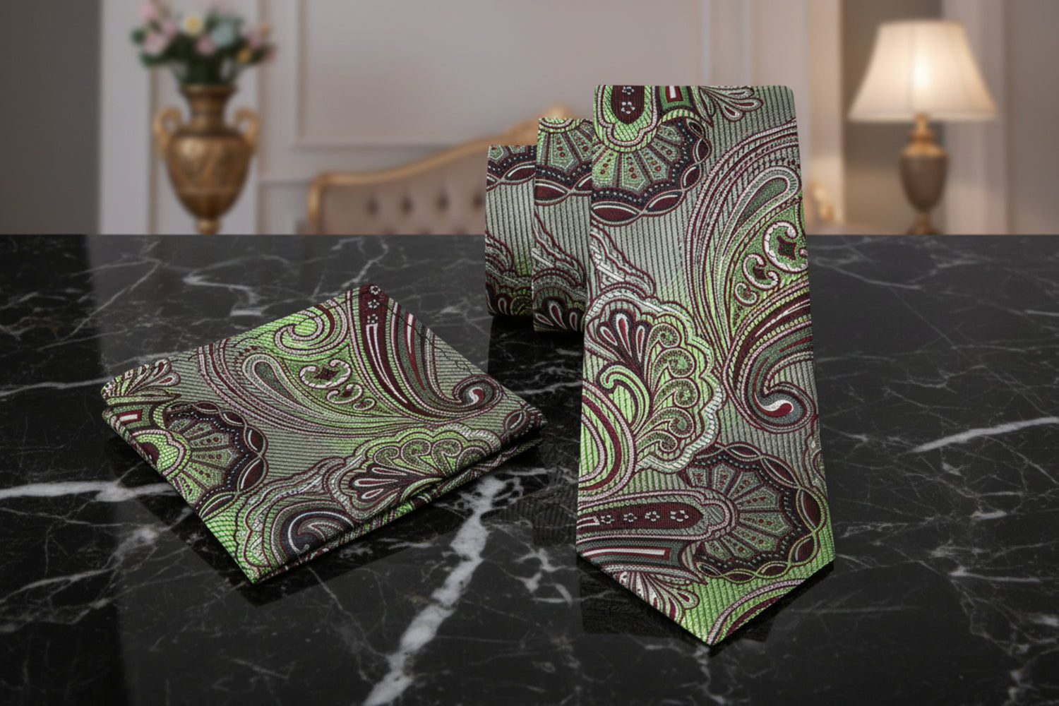 View 2: A Green, Burgundy Paisley Pattern Necktie, Matching Pocket Square