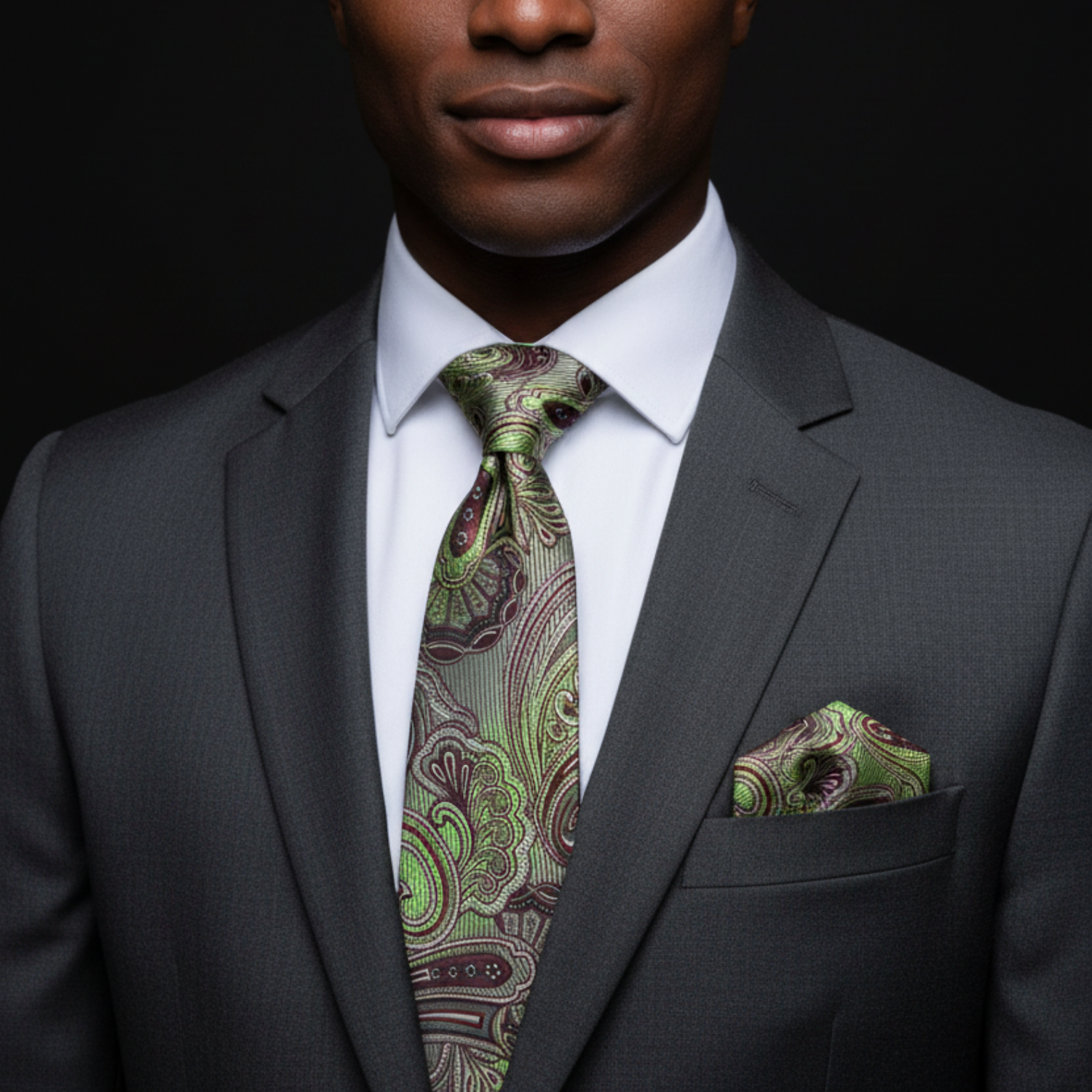 Man wearing a gray suit with a green paisley tie and pocket square against a black background