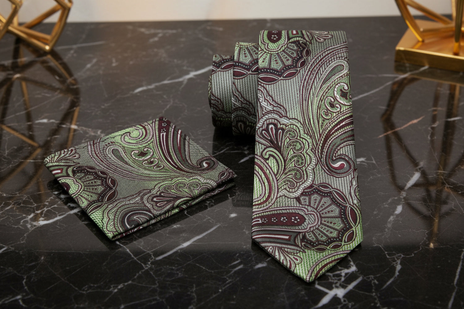 Alt Grey, Green, Burgundy Paisley Necktie and Square