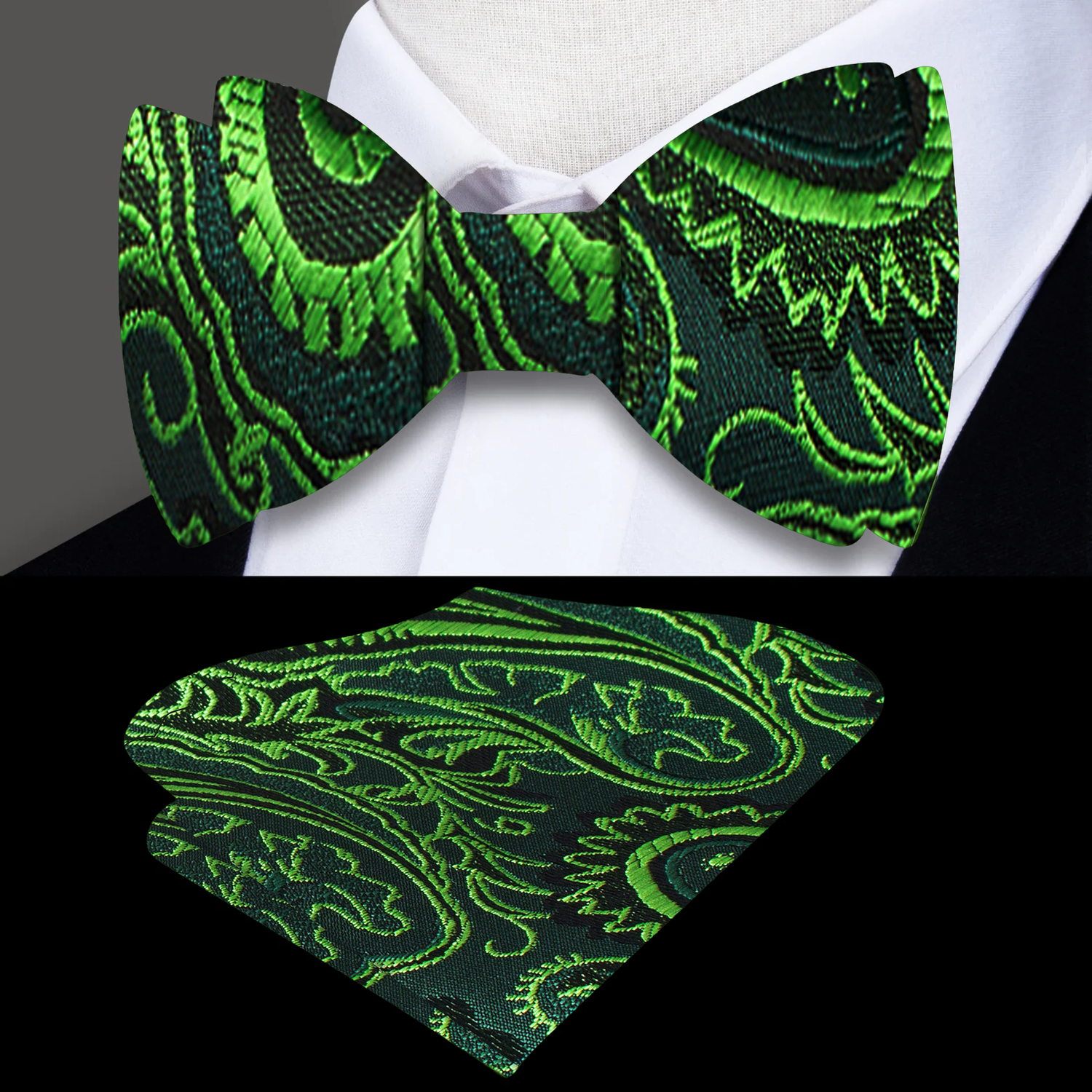 Main: Green Paisley Bow Tie and Pocket Square